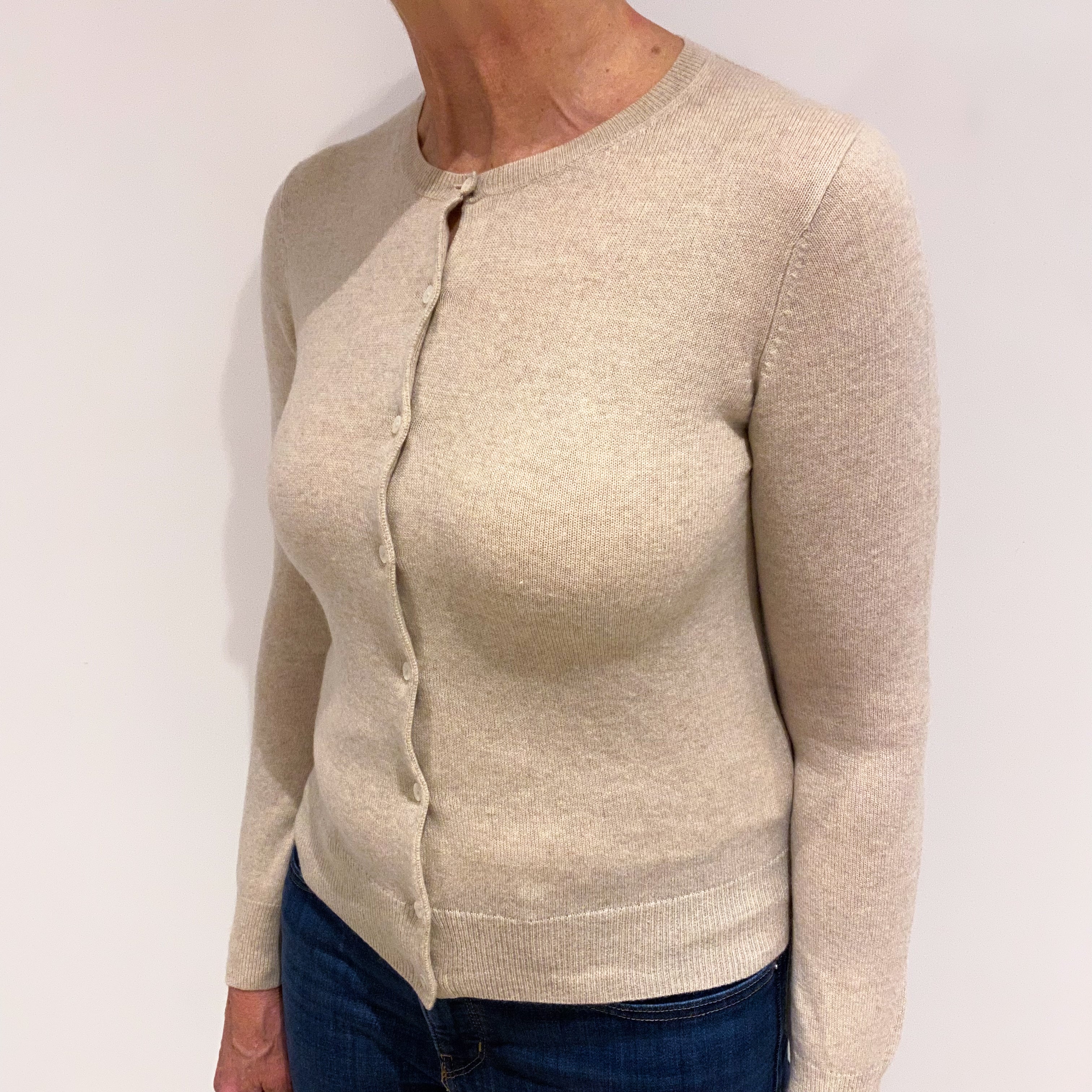 Oatmeal Beige Cashmere Crew Neck Cardigan Medium