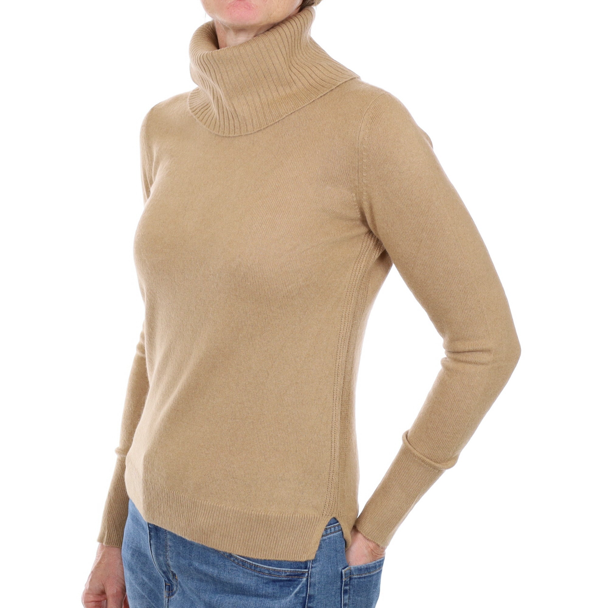 Camel Brown Cashmere Polo Neck Jumper Small