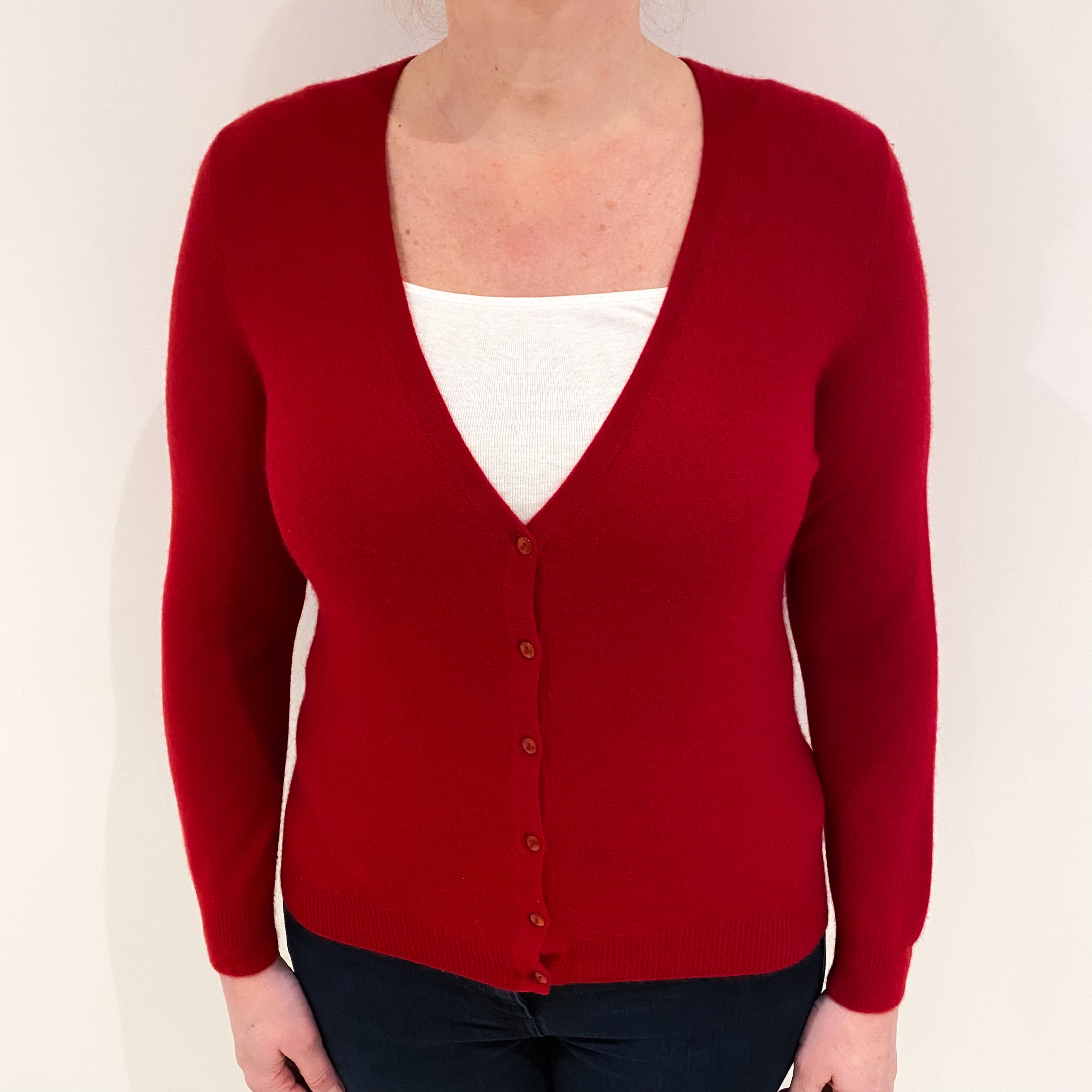 Post Box Red Cashmere V Neck Cardigan Large