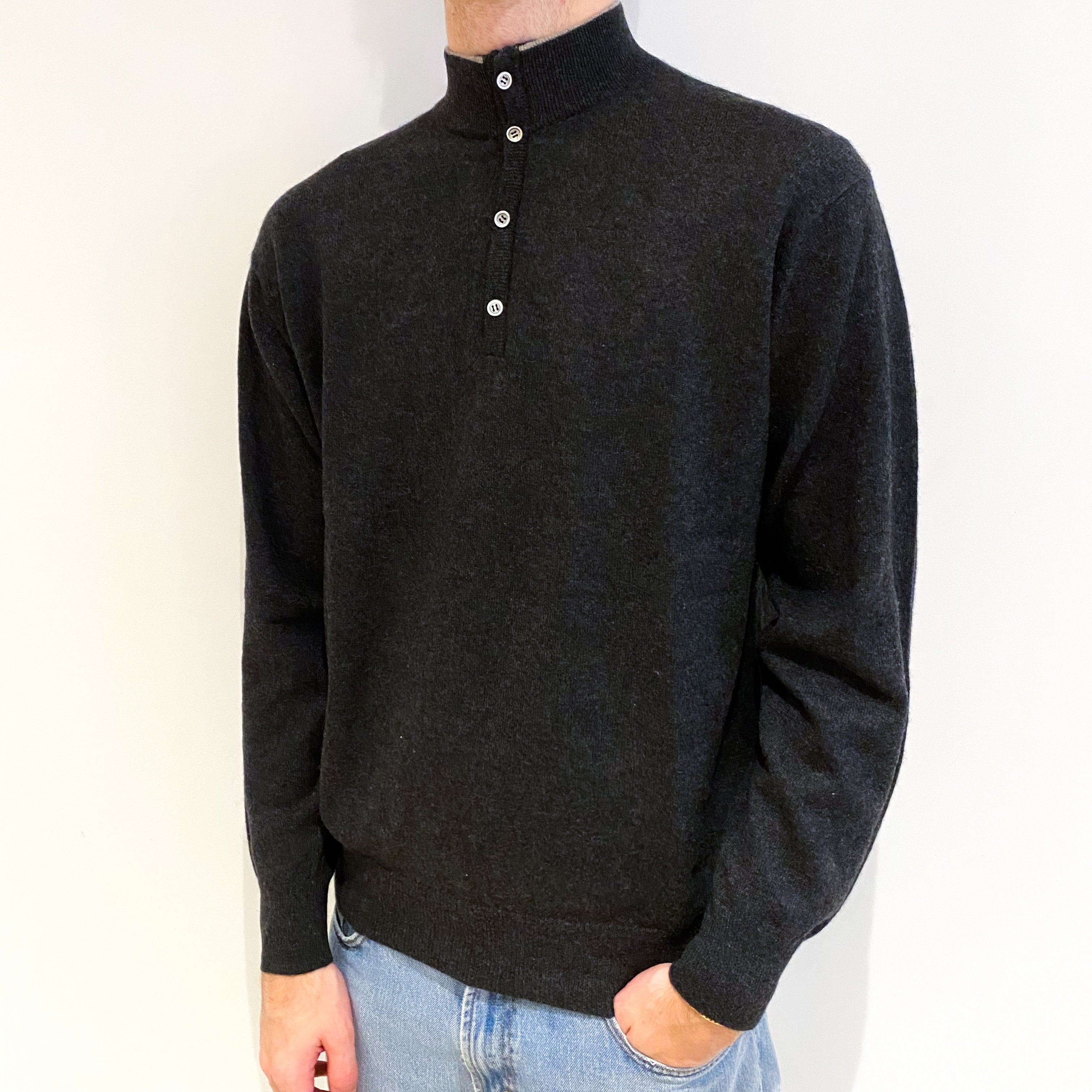 Men's Charcoal Grey Cashmere 3/4 Button Up Turtle Neck Jumper Large