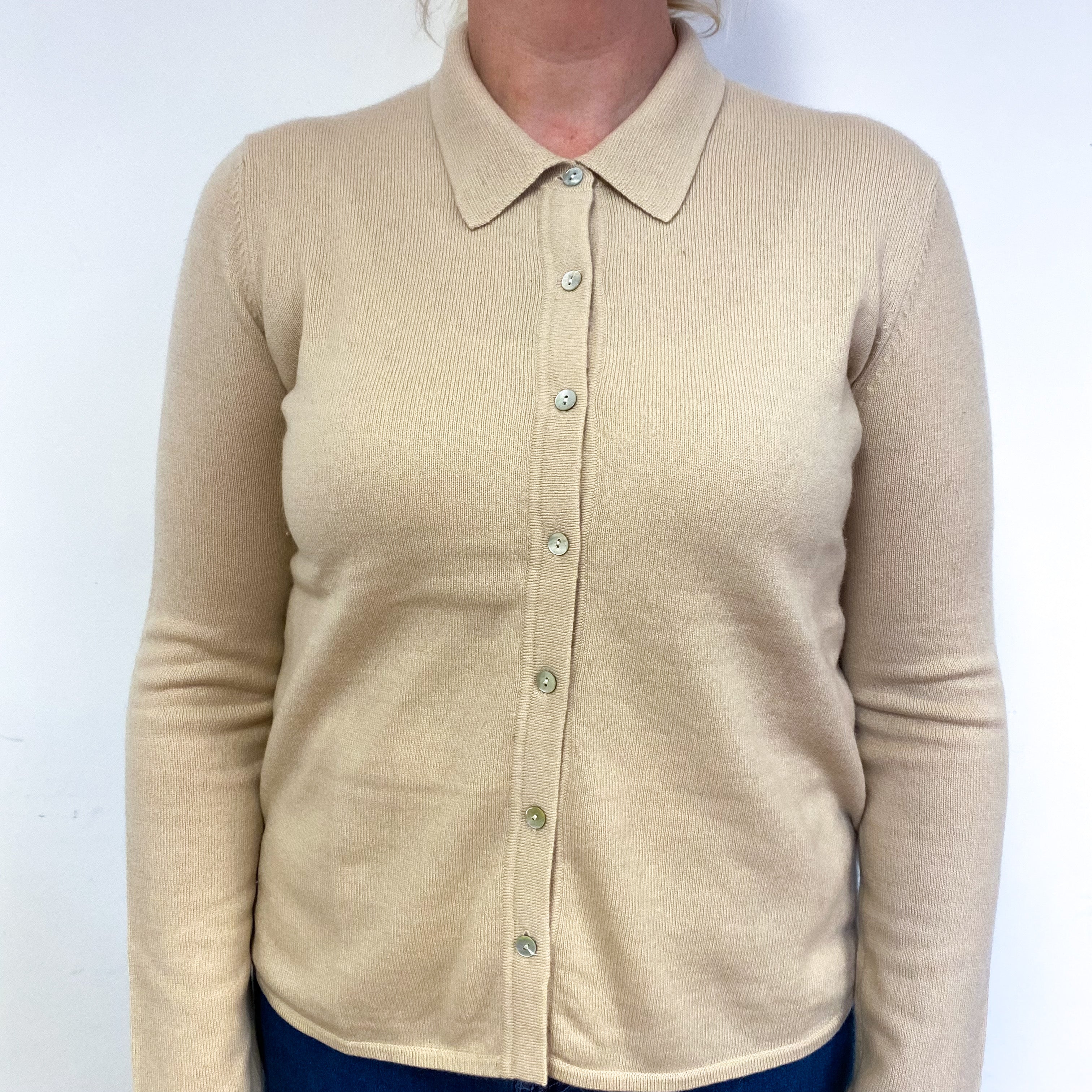 Beige Shirt Style Cashmere Collared Cardigan Large