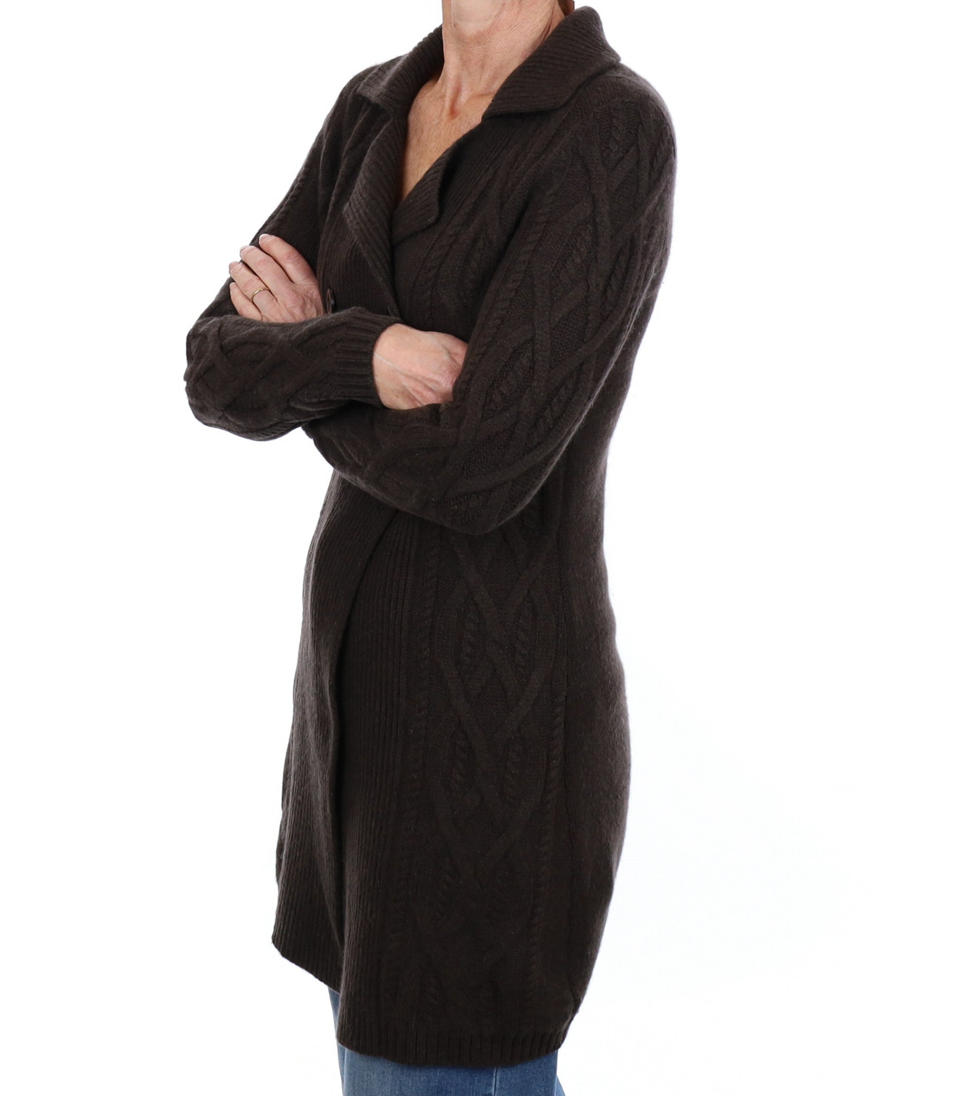 Peppercorn Brown Cashmere Collared Neck Cardigan Small
