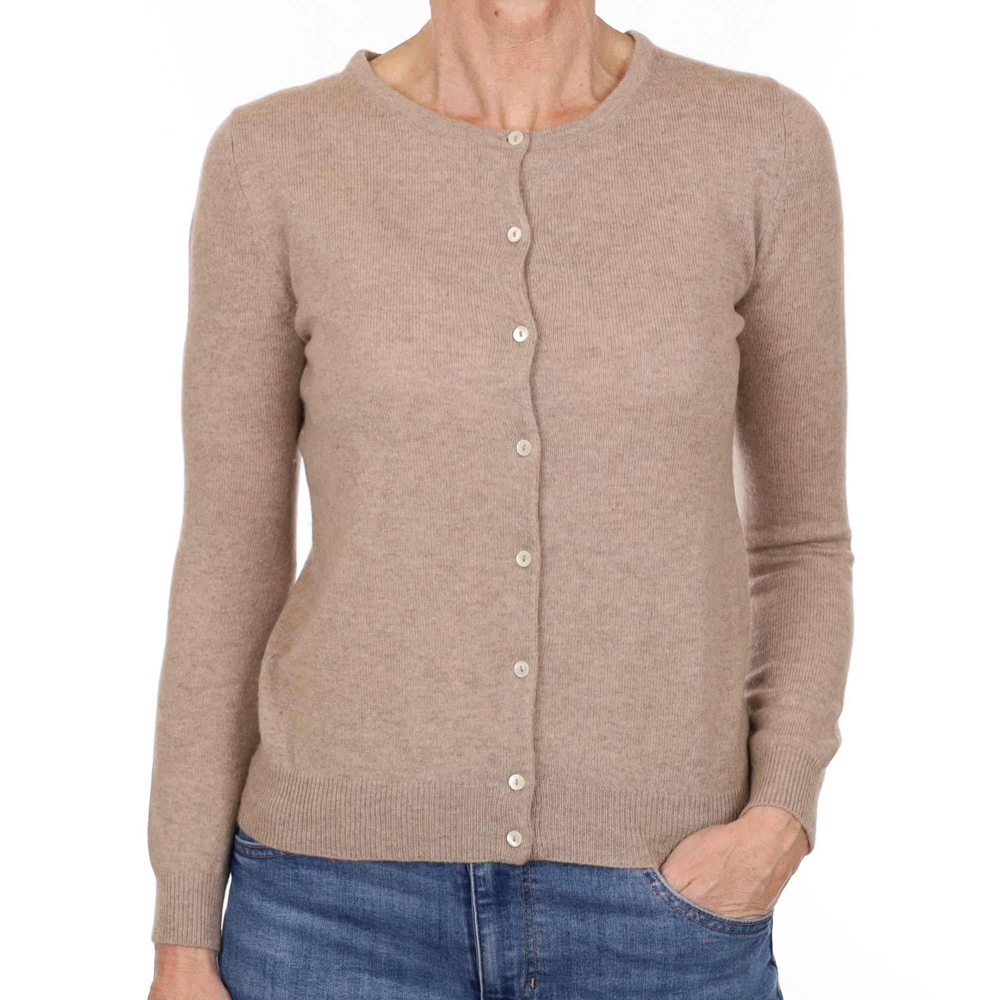 Fawn Brown Cashmere Crew Neck Cardigan Small