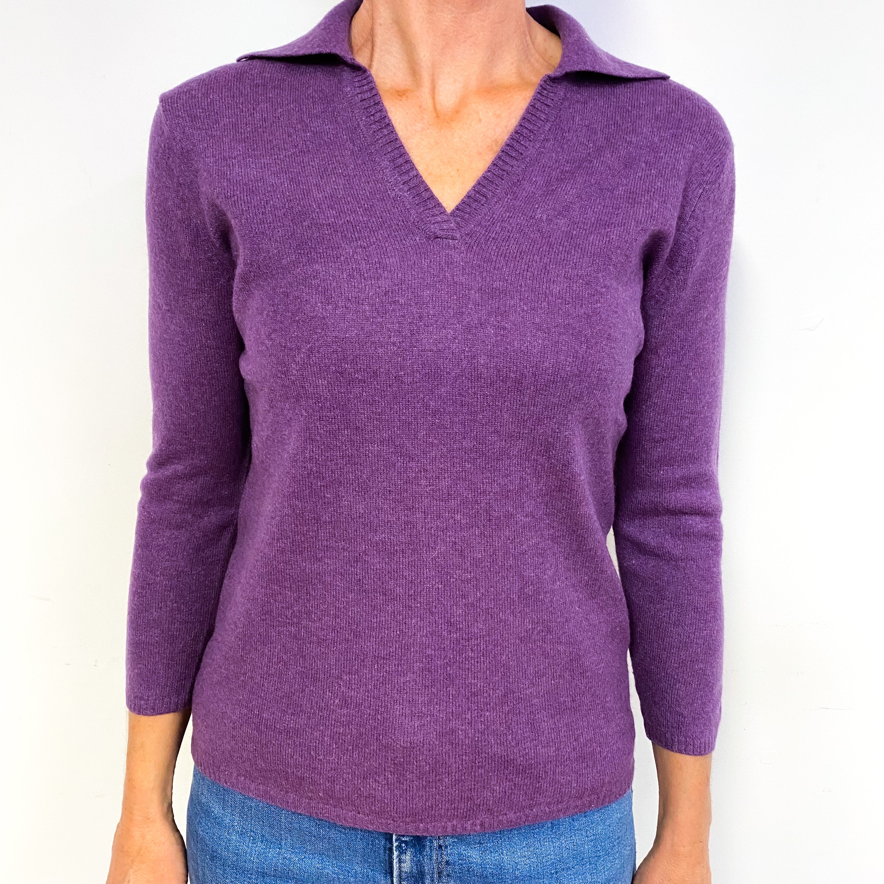 Amethyst Purple Cashmere Collared V-Neck Jumper Medium