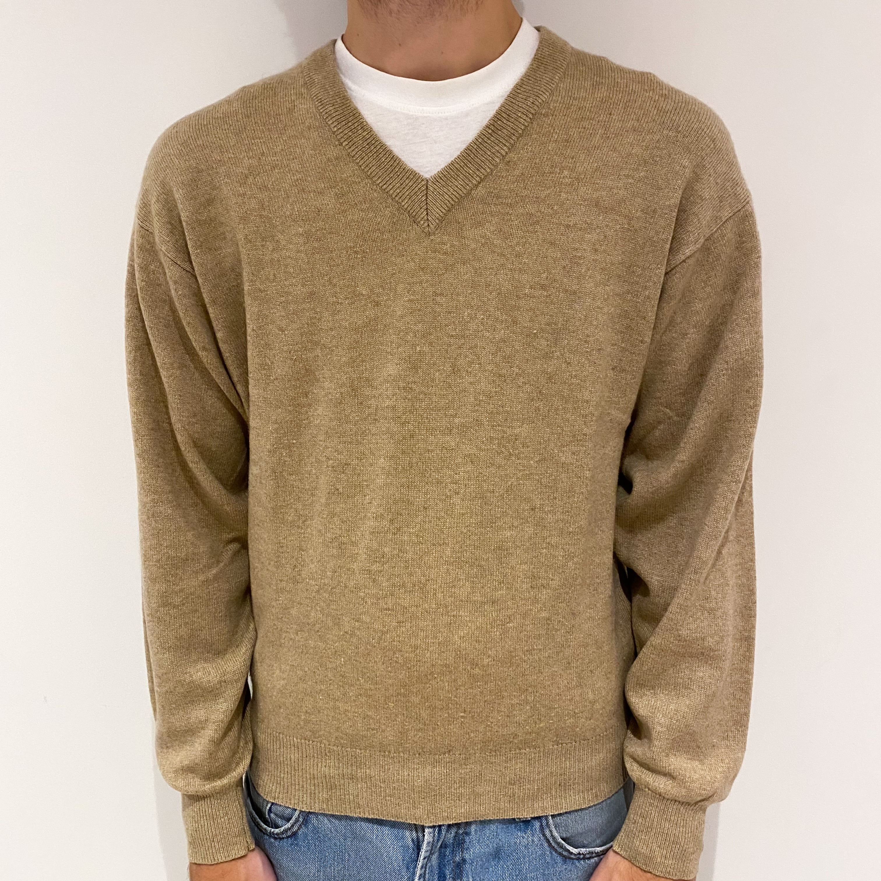 Men's Camel Cashmere V-Neck Jumper Large
