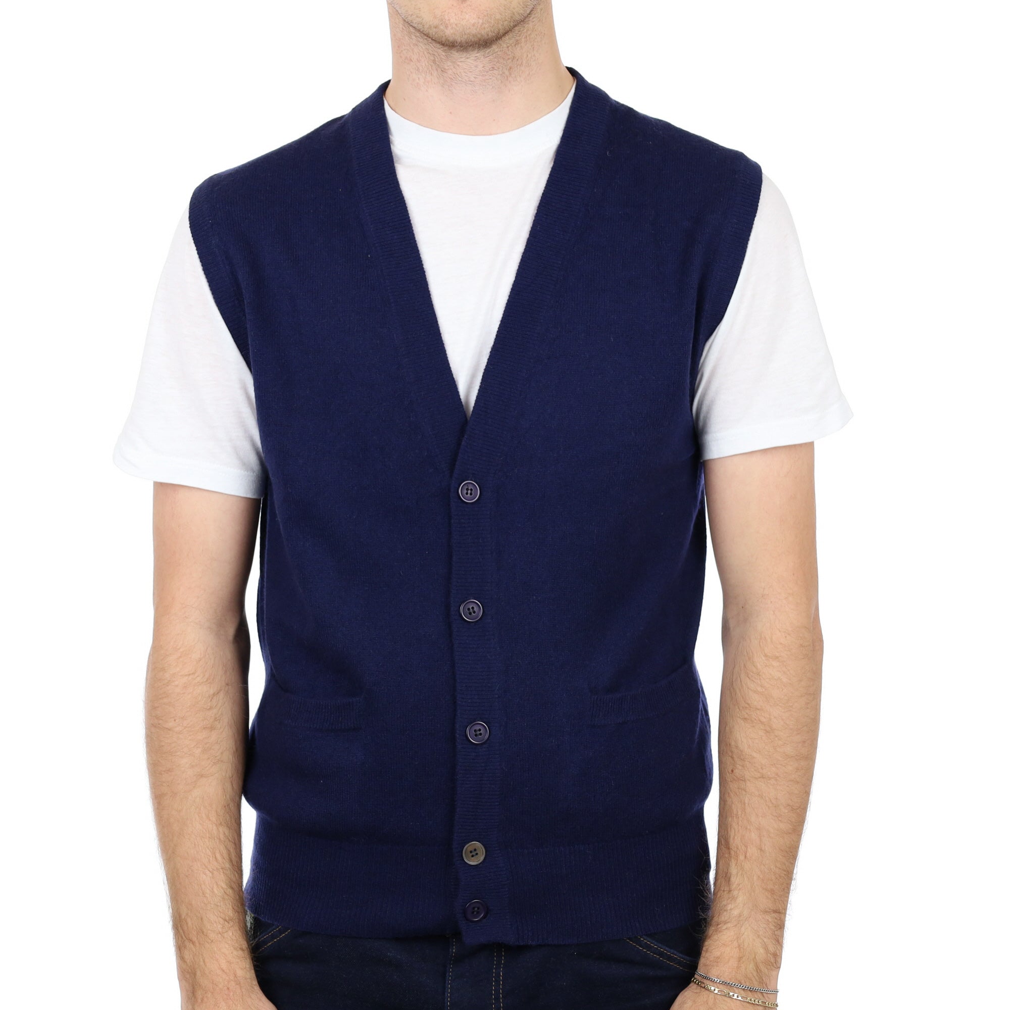 Men's Navy Blue Cashmere V Neck Sleeveless Cardigan Medium