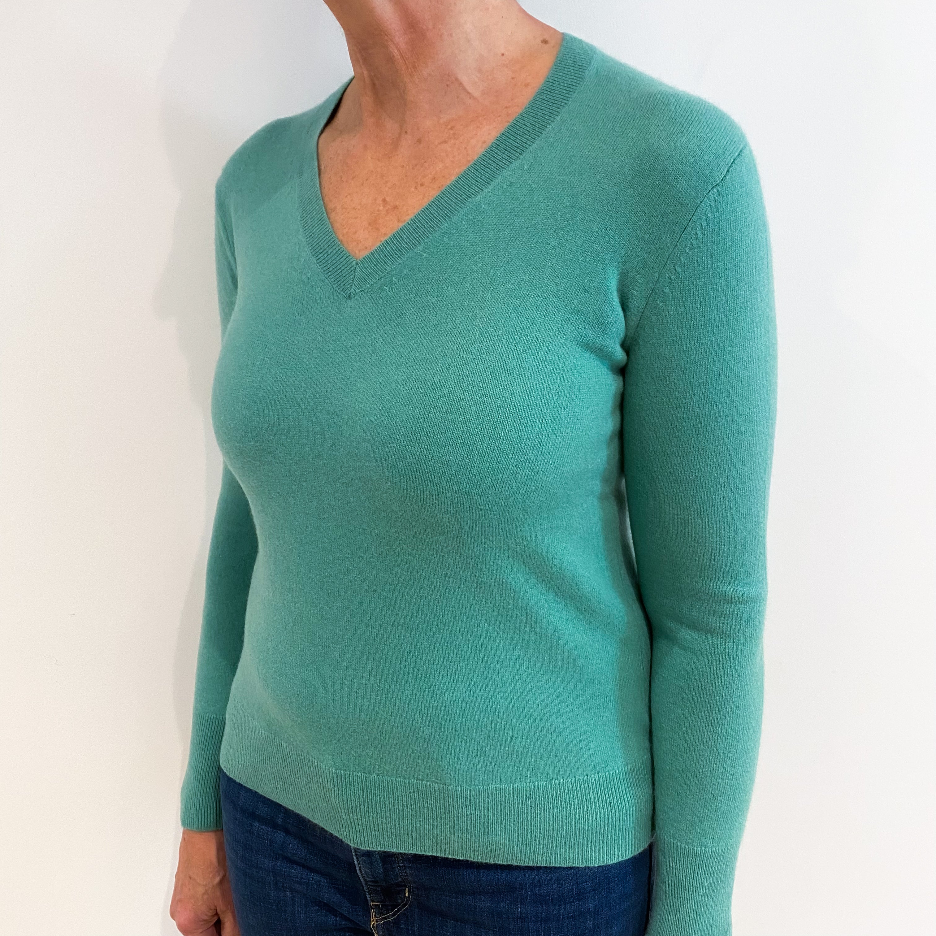Sea Green Cashmere V Neck Jumper Medium