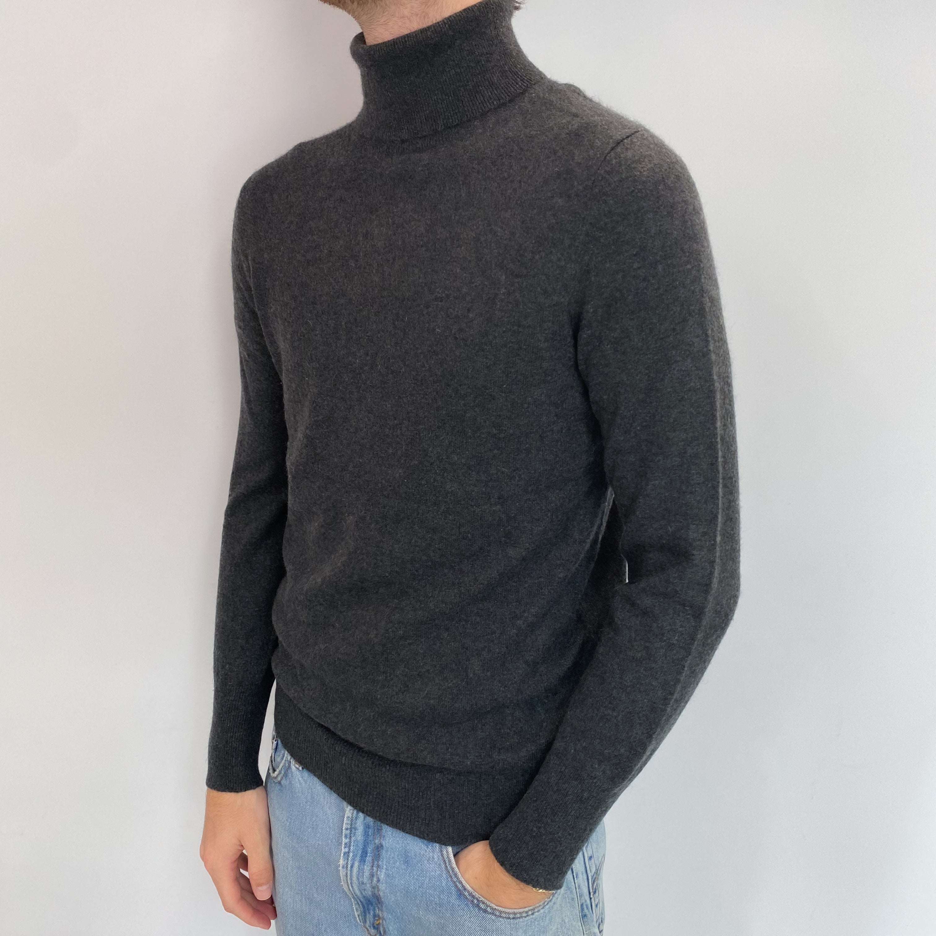 Men's Slate Grey Cashmere Polo Neck Jumper Medium