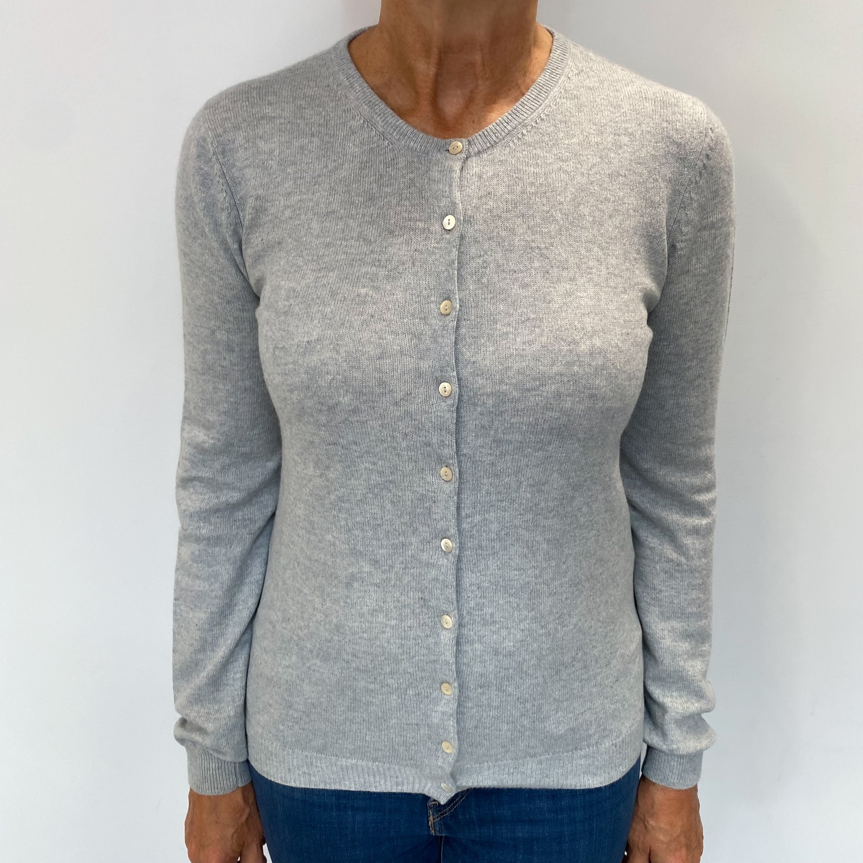 Pale Grey Blue Cashmere Crew Neck Cardigan Medium