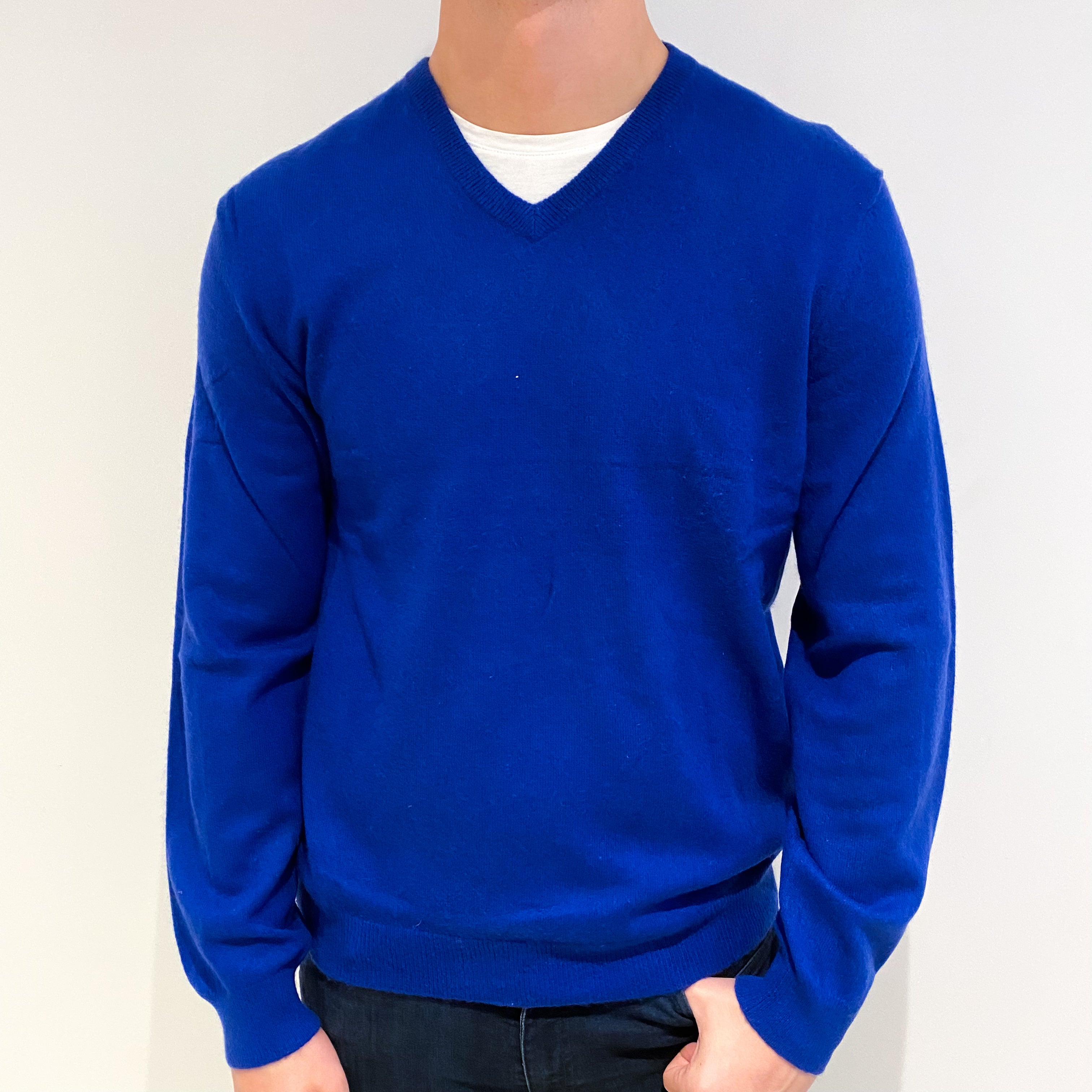 Men's Admiral Blue Cashmere V Neck Jumper XL