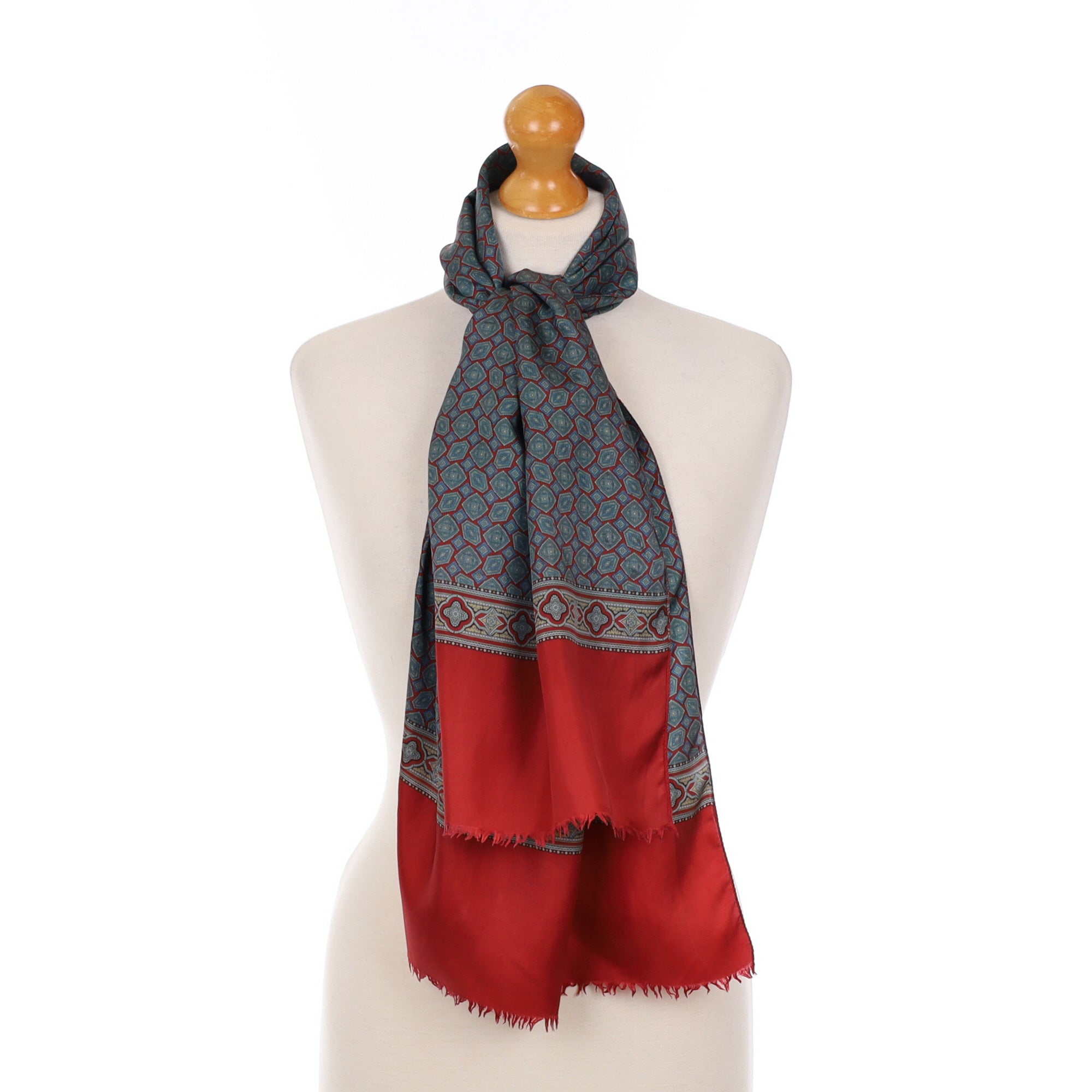 Geometric Red Patterned Long Vintage Silk Scarf