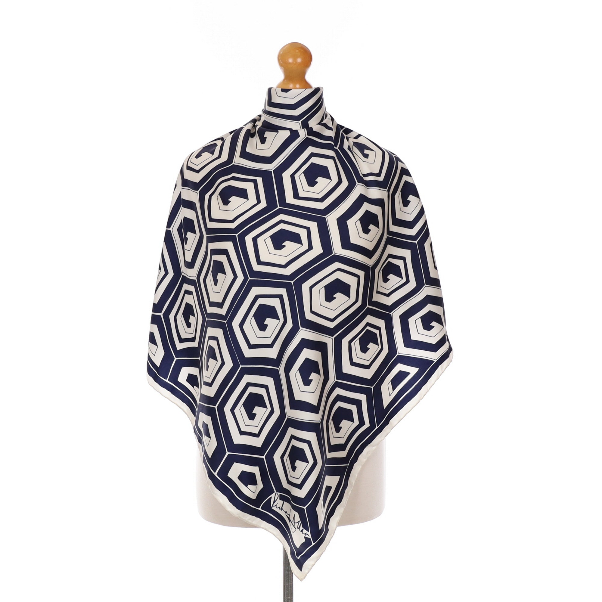 Richard Allan Geometric Navy and Cream Vintage Silk Scarf