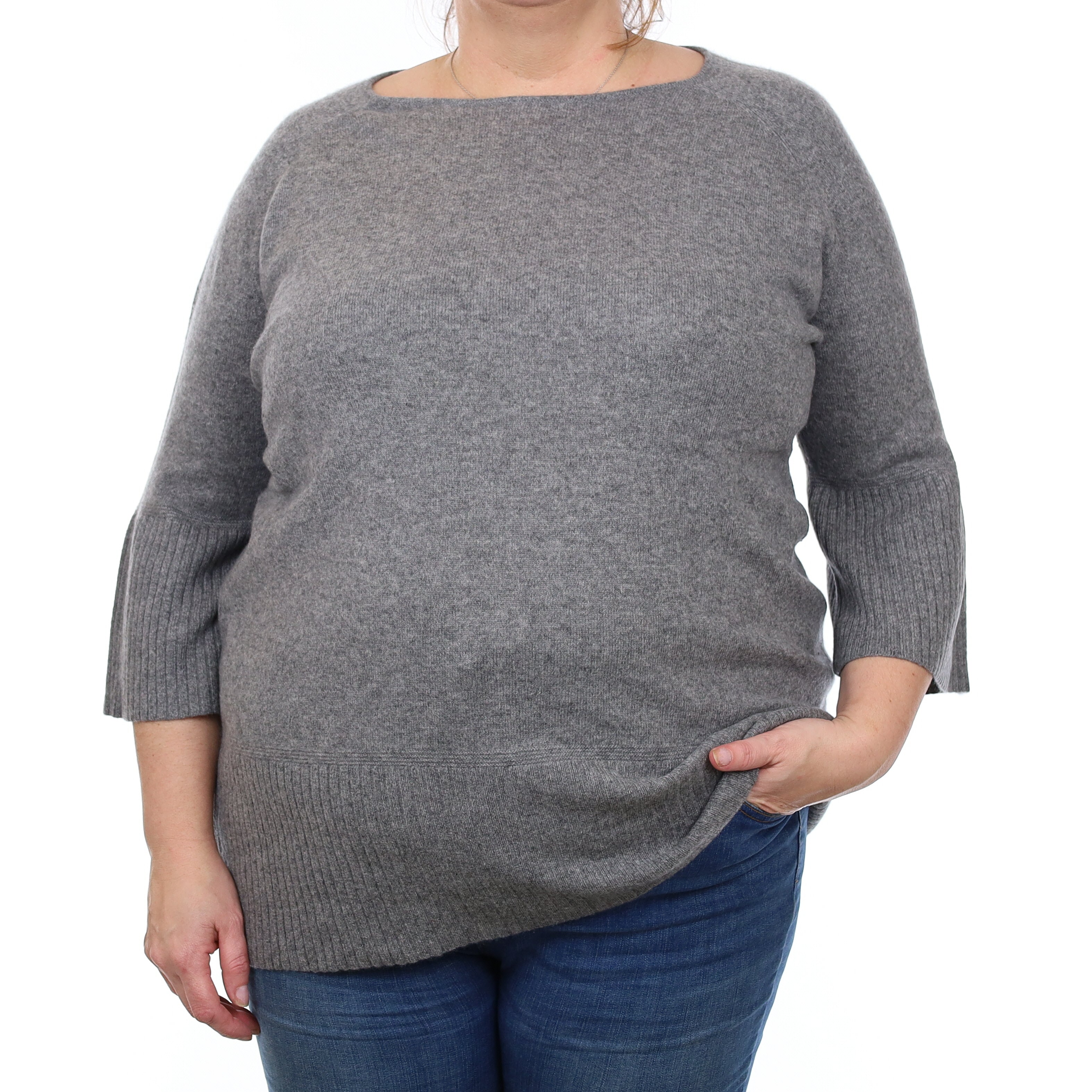 Ash Grey Cashmere Flared Sleeve Crew Neck Jumper XL