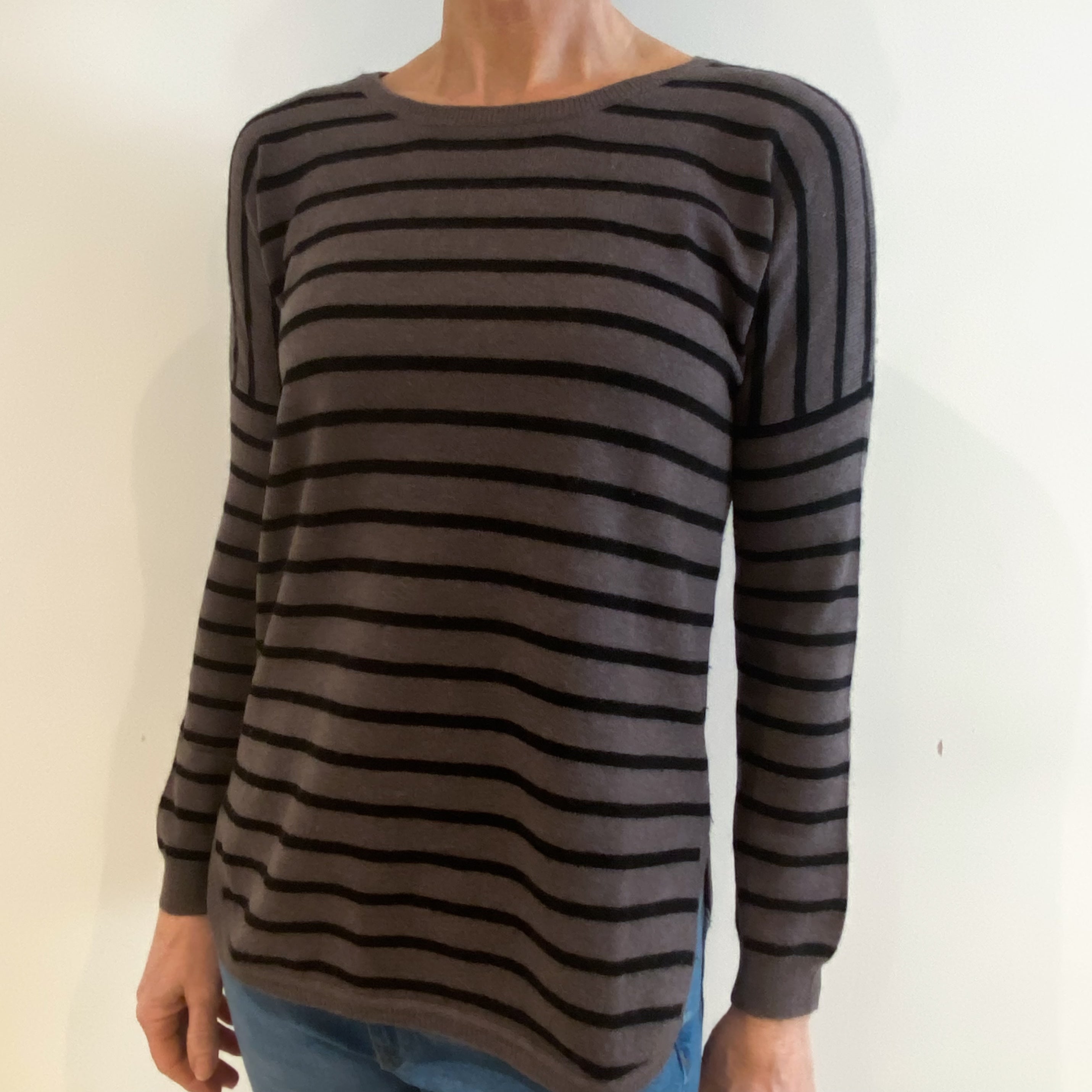 Muted Brown and Black Striped Cashmere Crew Neck Jumper Small