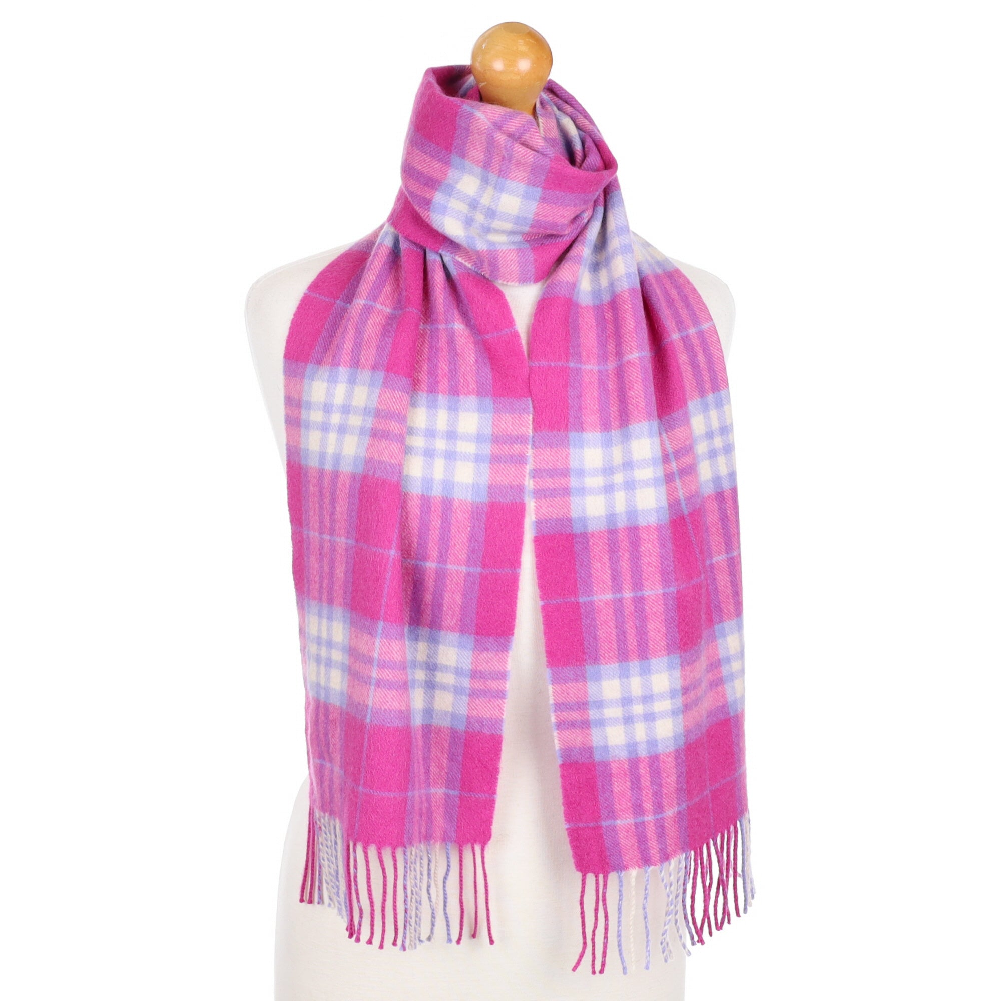 Fuchsia and Lavender Check Cashmere Tasselled Woven Scarf