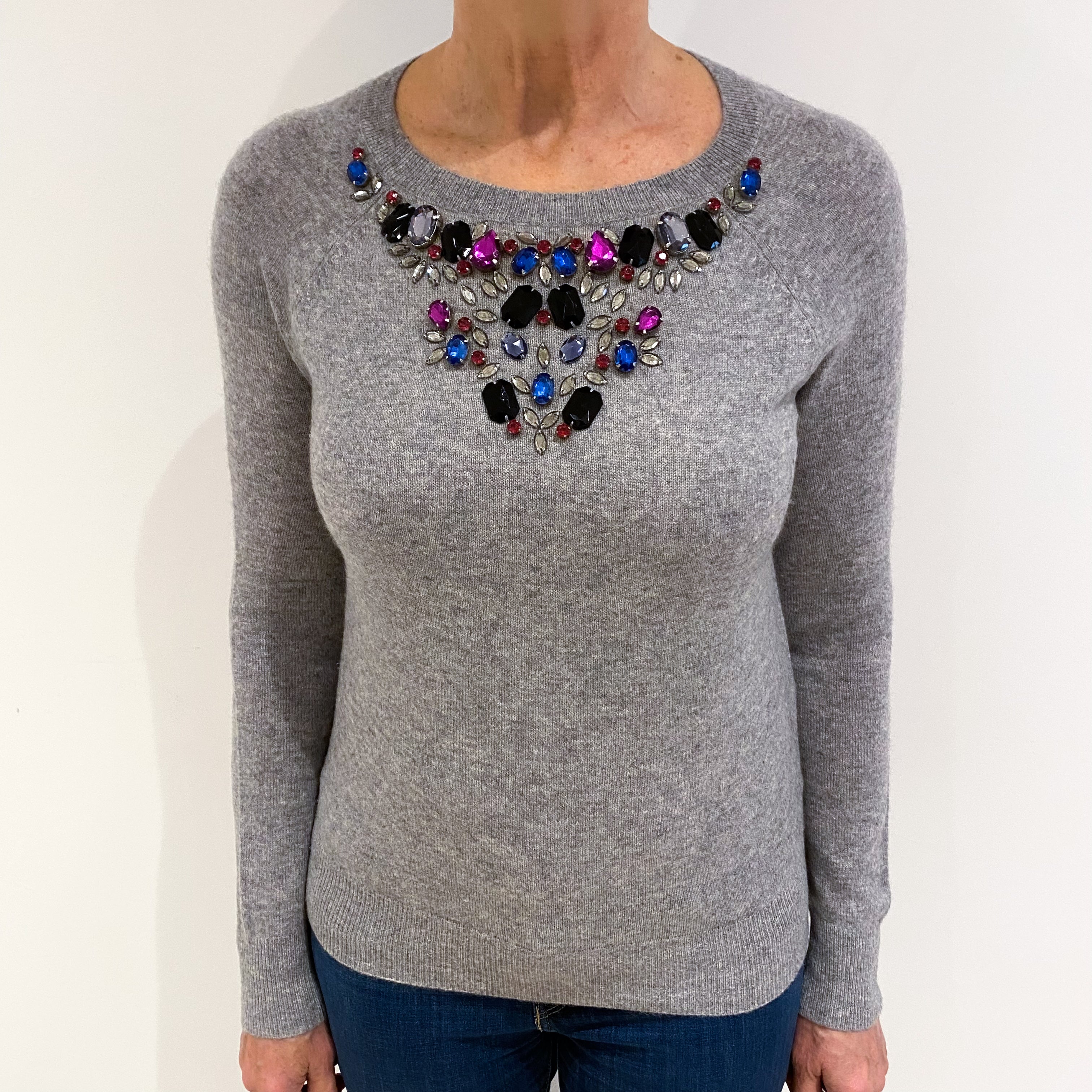 Smoke Grey Jewel Embellished Cashmere Crew Neck Jumper Medium