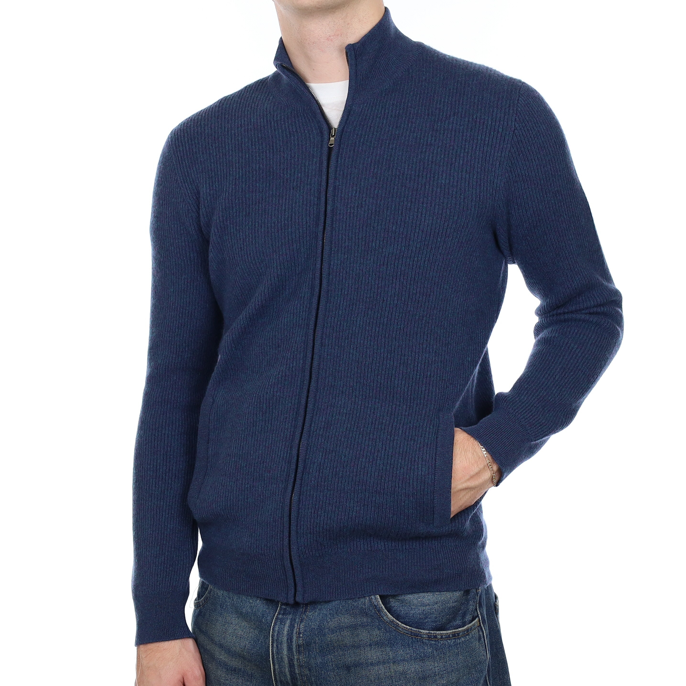 Men’s Brand New Scottish Petrol Blue Rib Cashmere Zip Up Cardigan with Pockets Medium