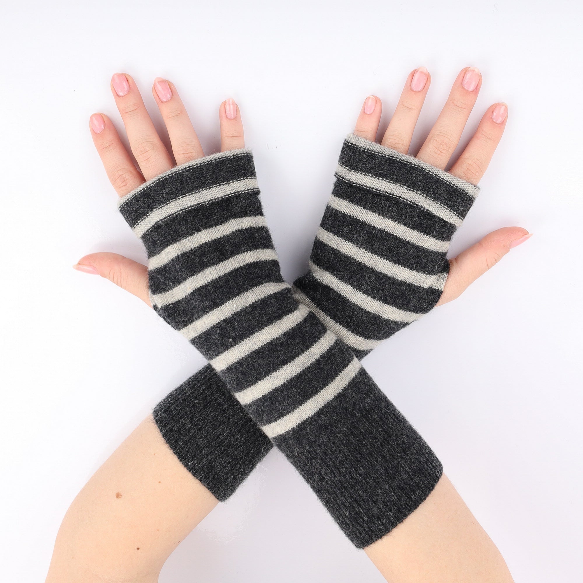 Charcoal and Frost Grey Stripe Fingerless Gloves