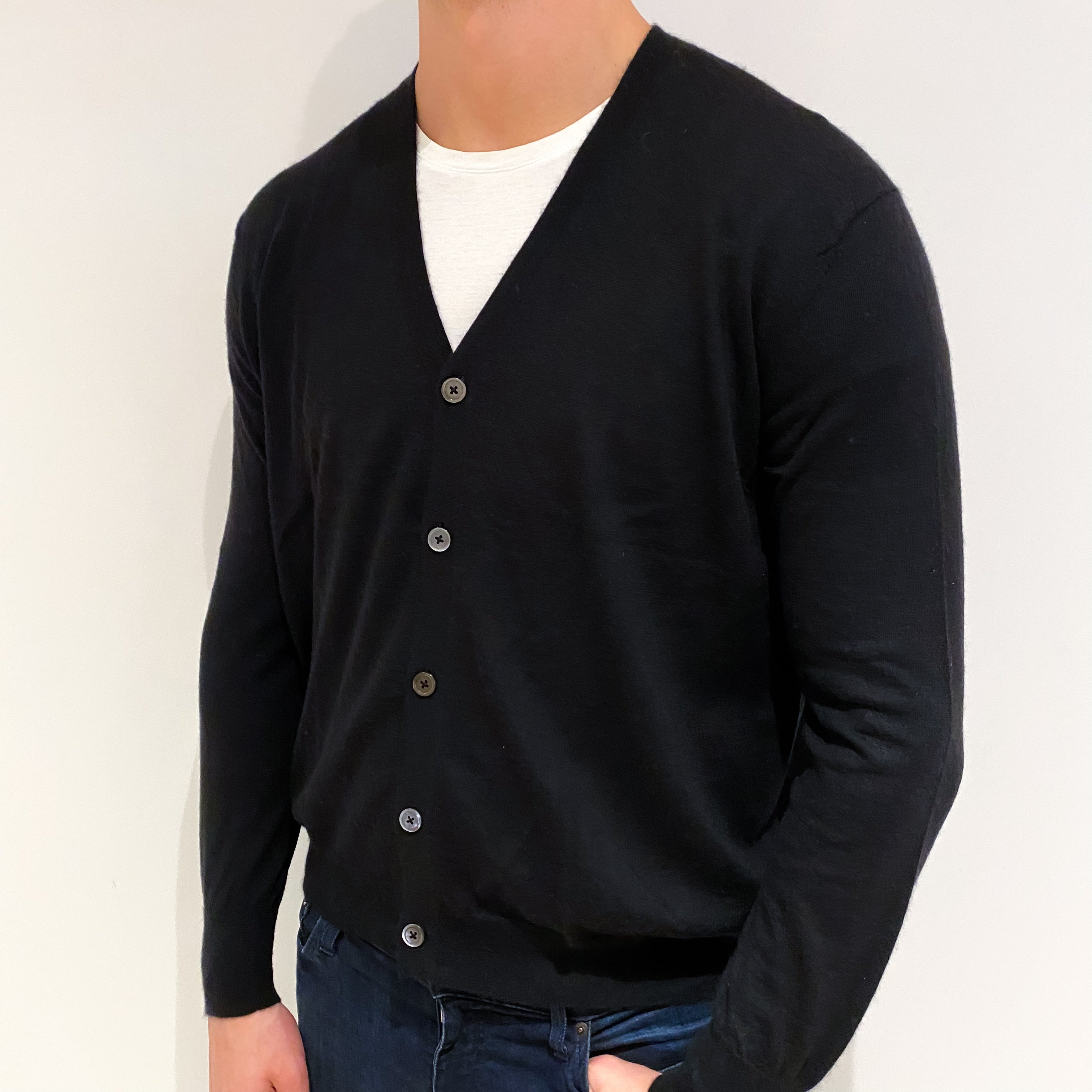 Men's Scottish Black Cashmere V Neck Cardigan XL
