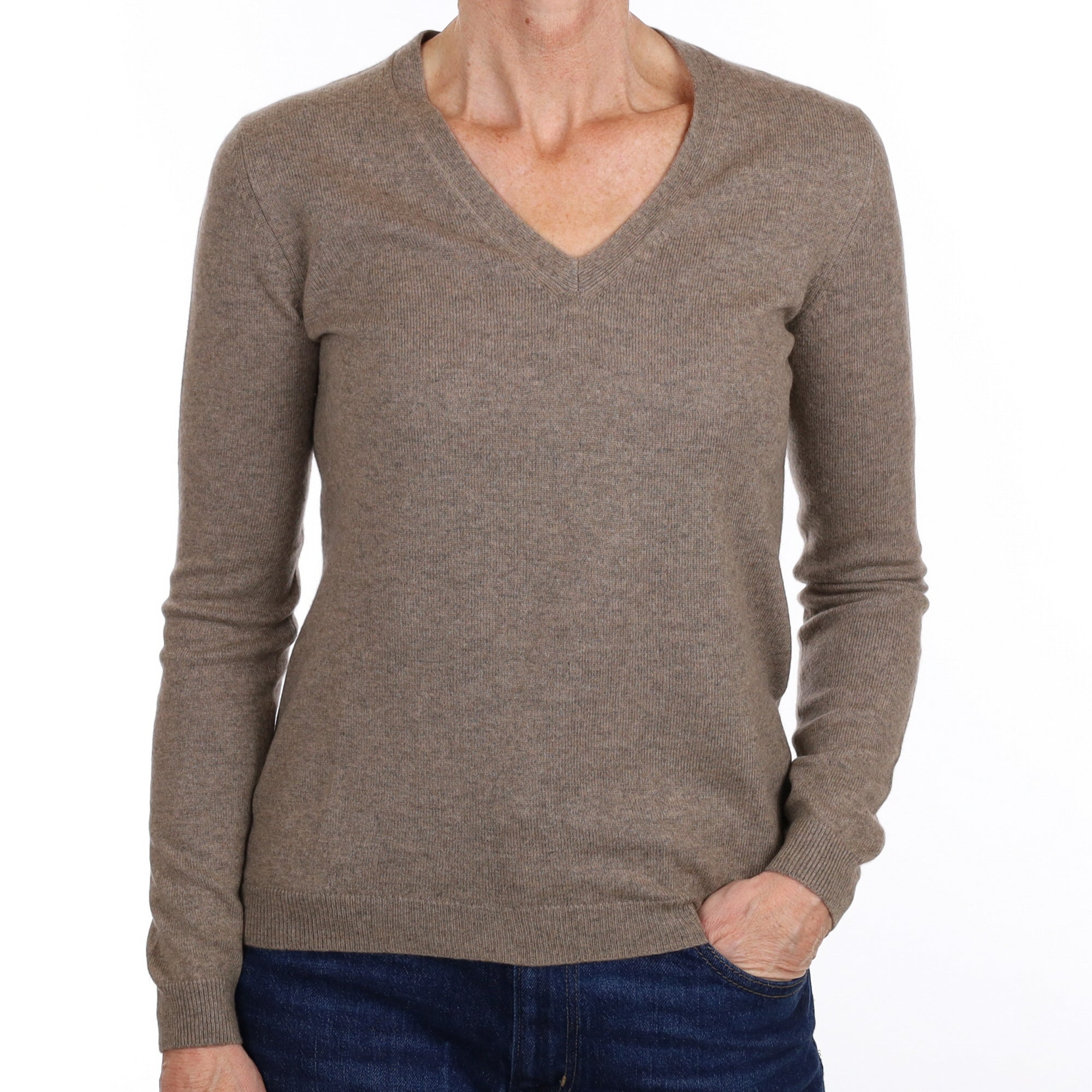 Mocha Brown Cashmere V Neck Jumper Small