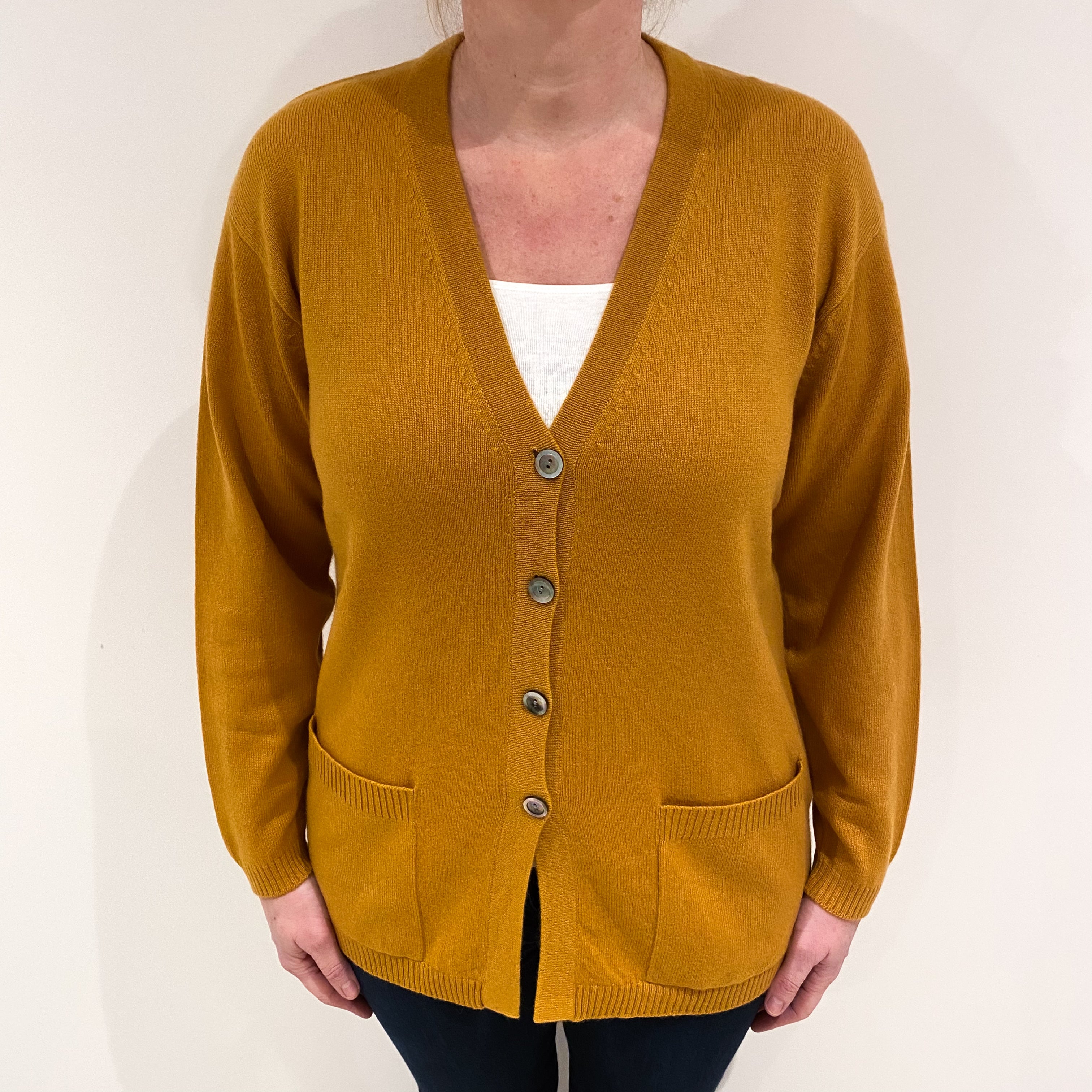 Deep Mustard Cashmere V Neck Cardigan with Pockets Large