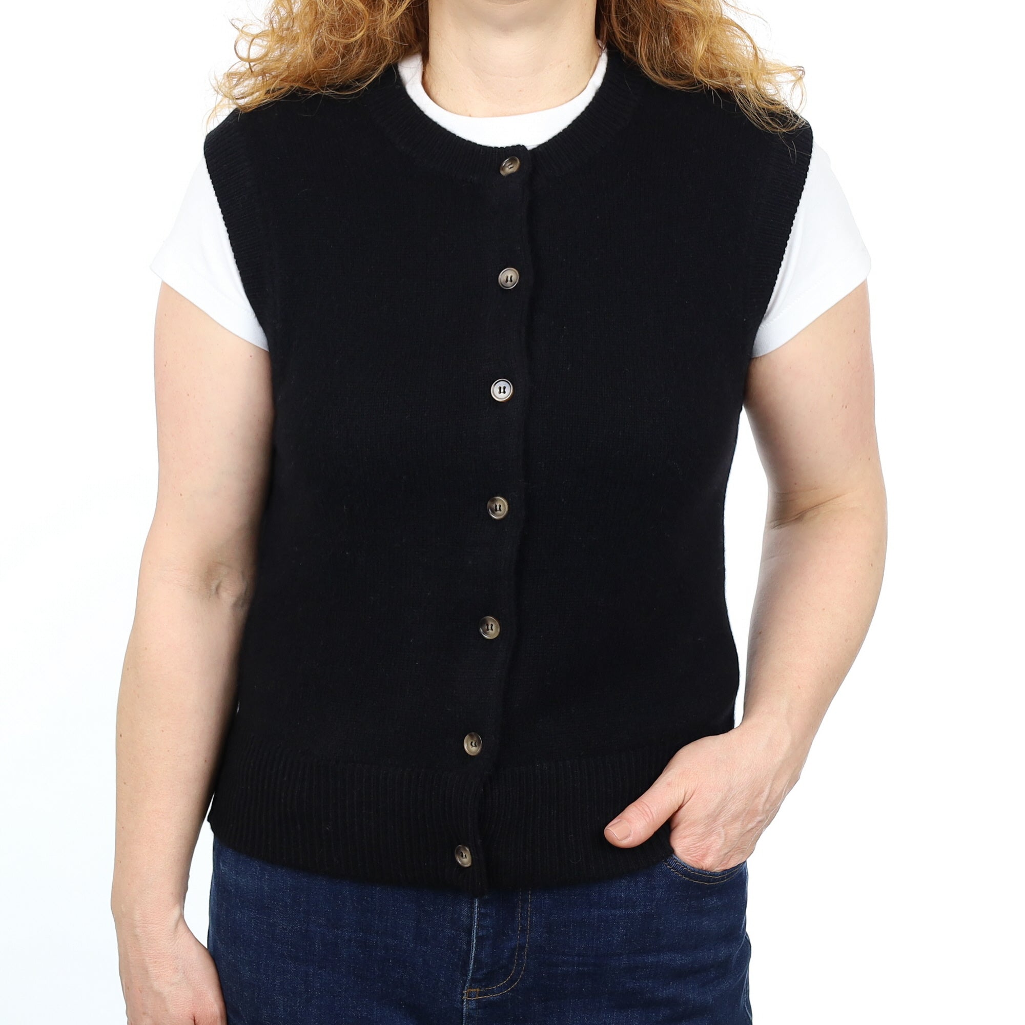Brand New Black Luxury Cashmere Crew Neck Waistcoat Medium UK 12-14