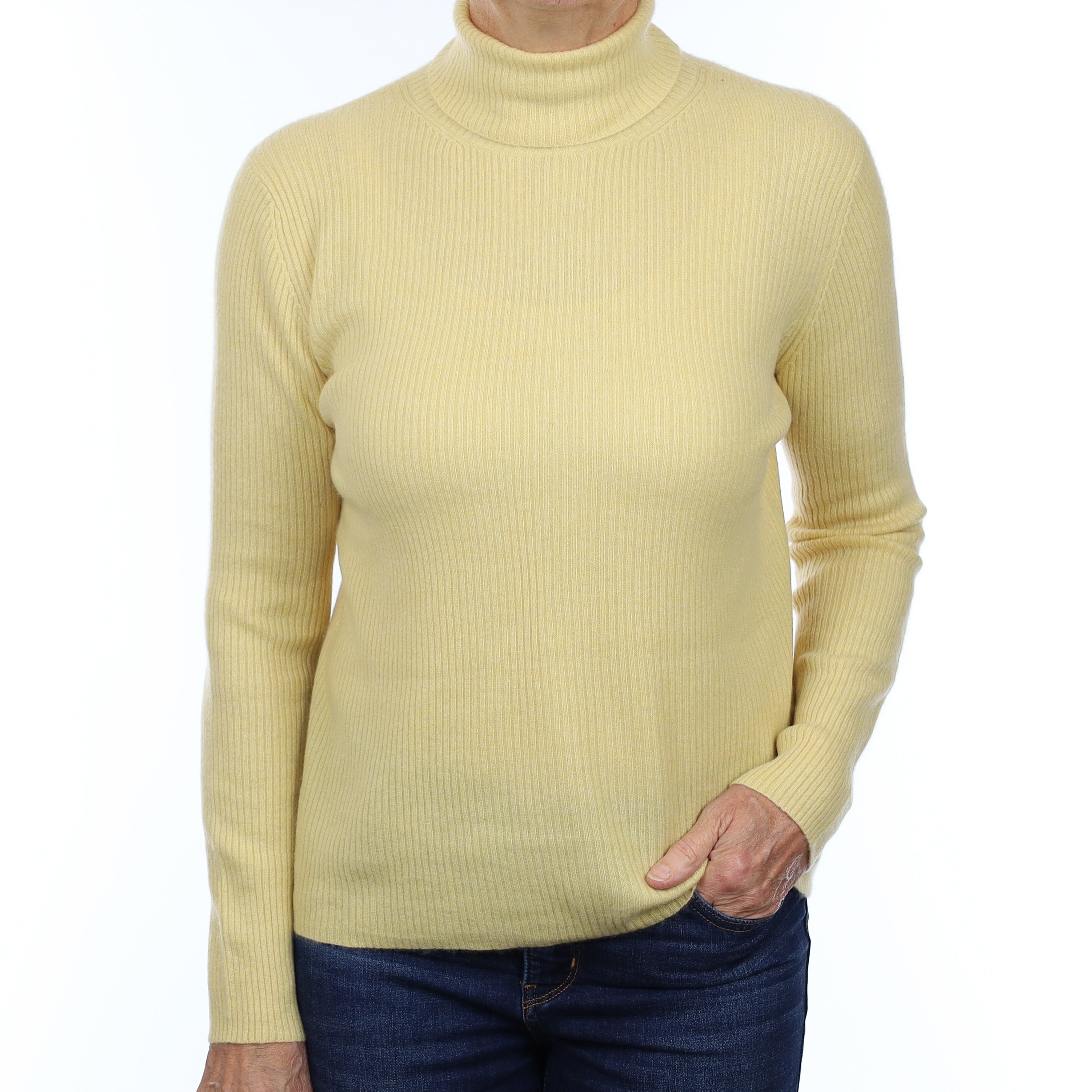 Primrose Yellow Rib Cashmere Polo Neck Jumper Medium
