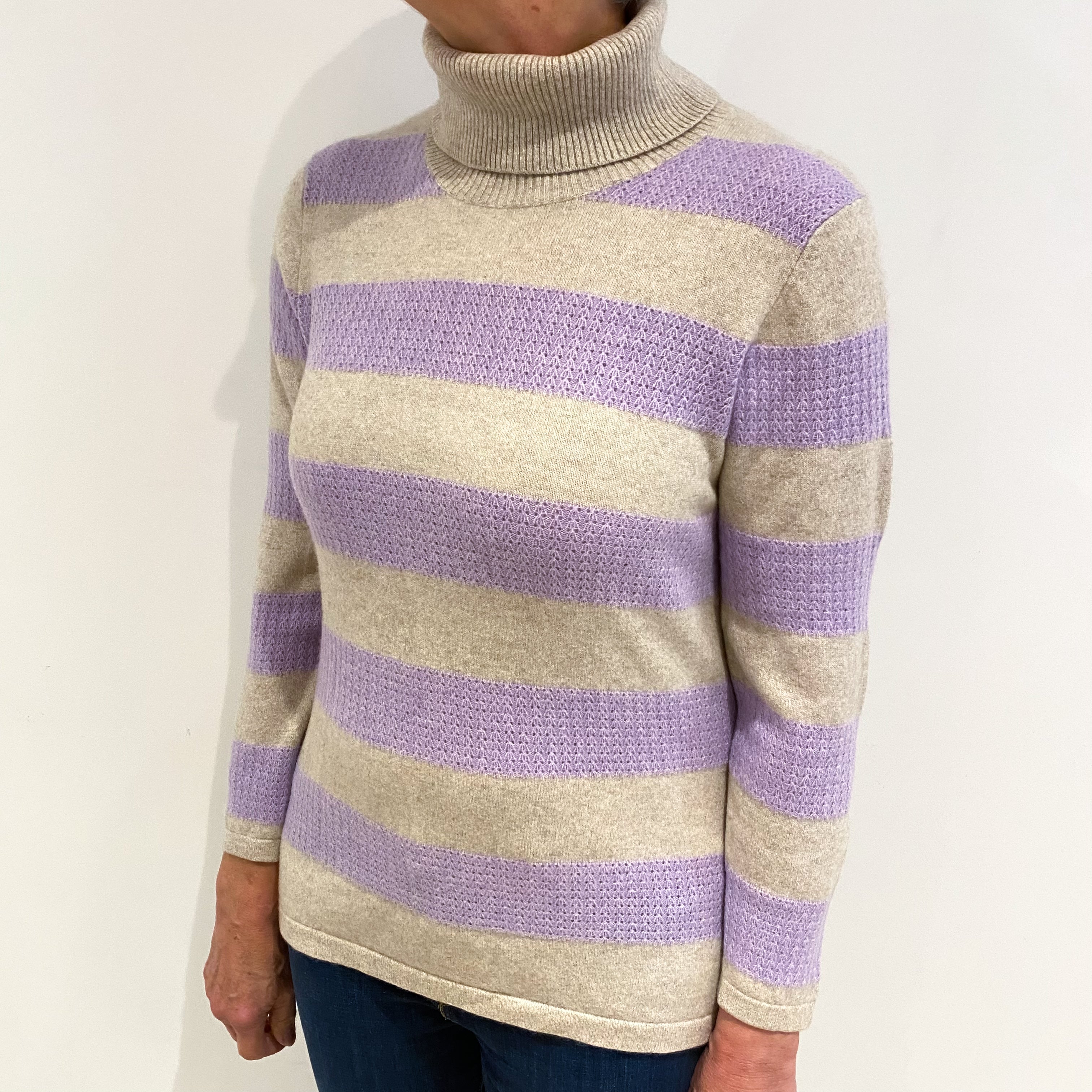 Oatmeal And Lavender Striped Cashmere Polo Neck Jumper Medium
