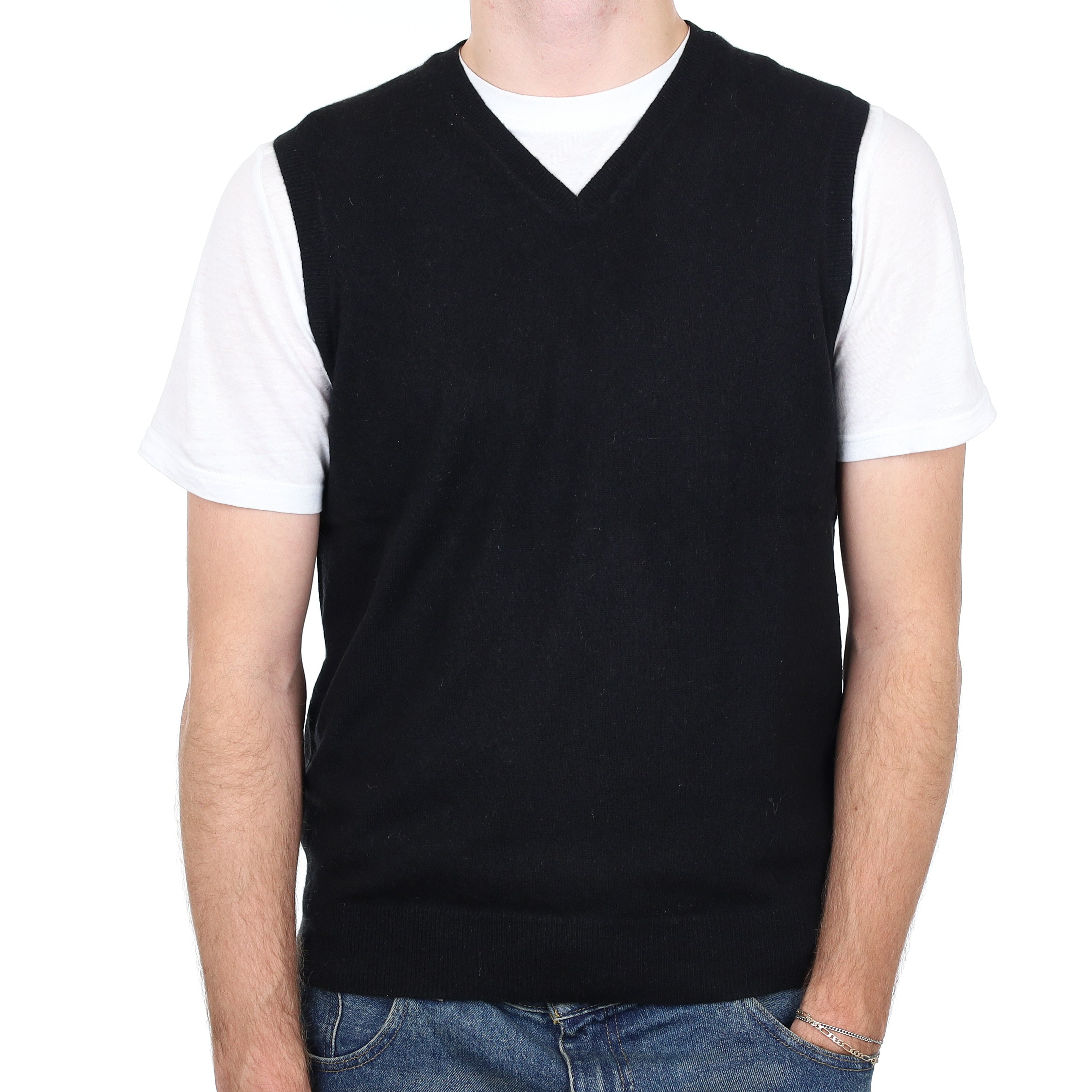 Men’s Black Cashmere V Neck Tank Top Medium