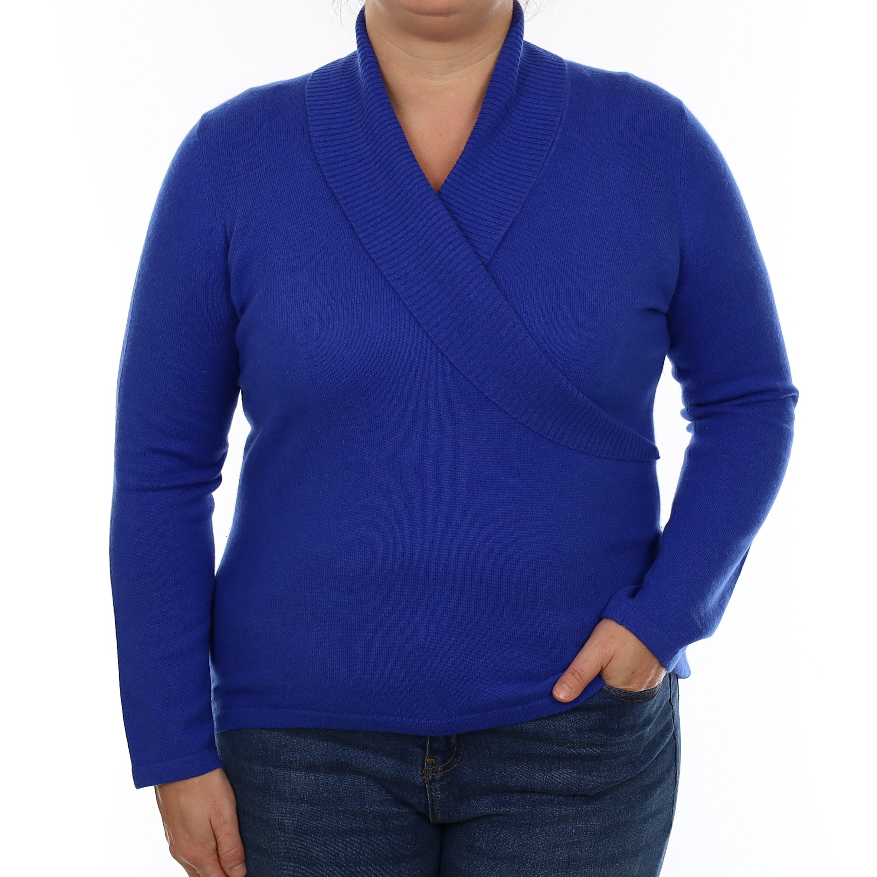 Royal Blue Cashmere Shawl Collar V Neck Jumper Large