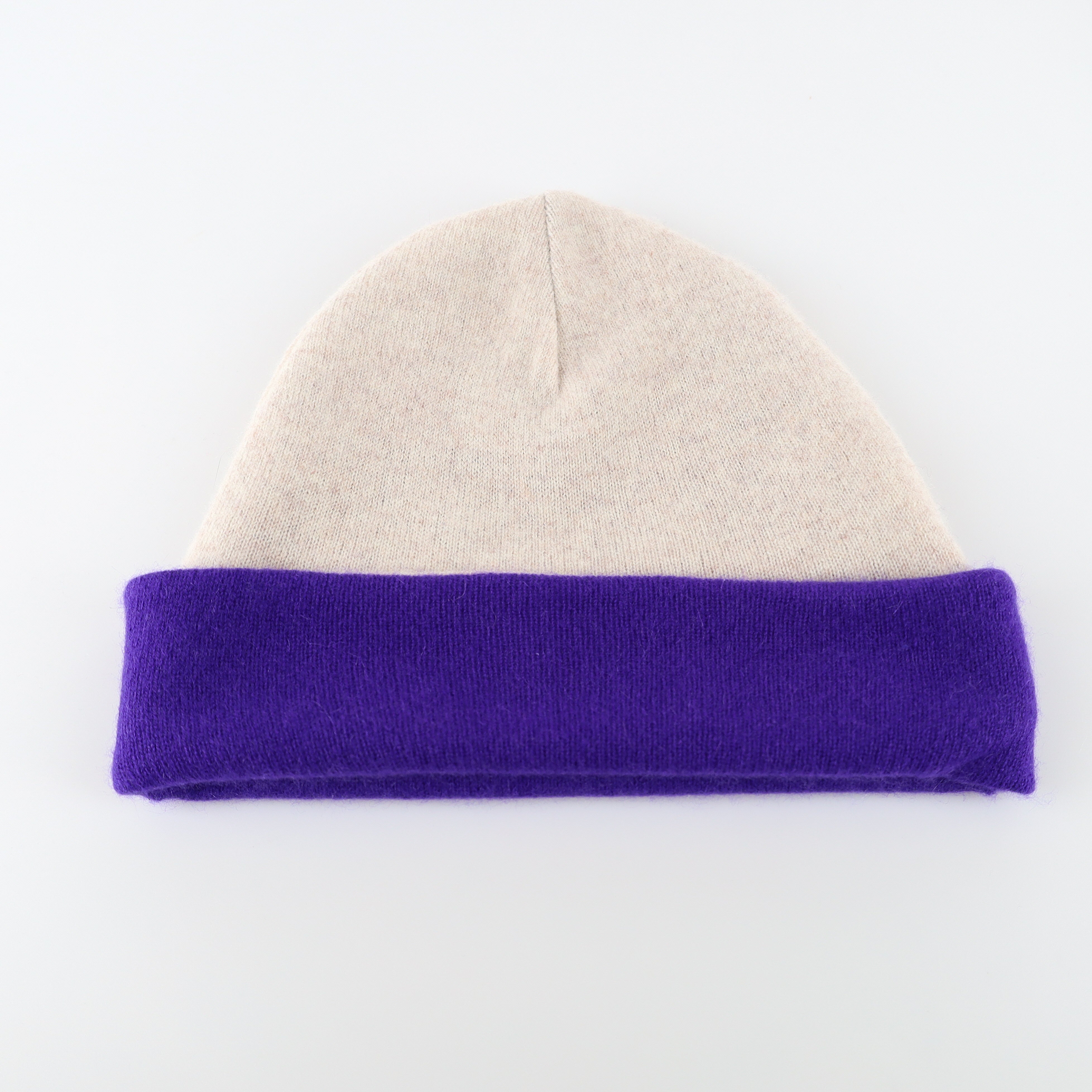 Regal Purple and Oatmeal Reversible Cashmere Beanie Hat