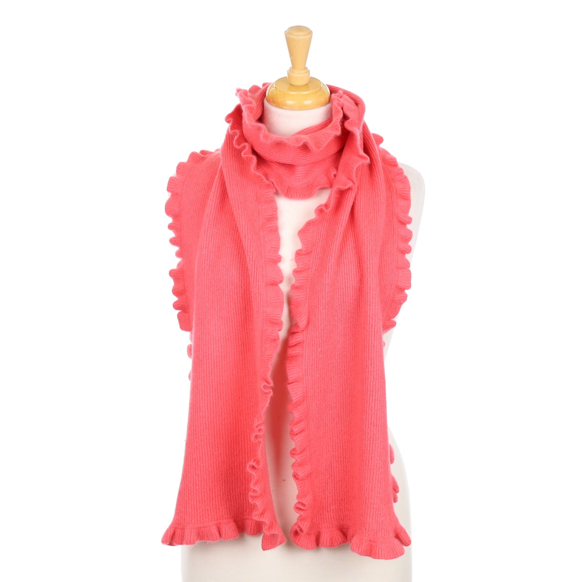 Strawberry Pink Cashmere Frill Trimmed Knitted Scarf