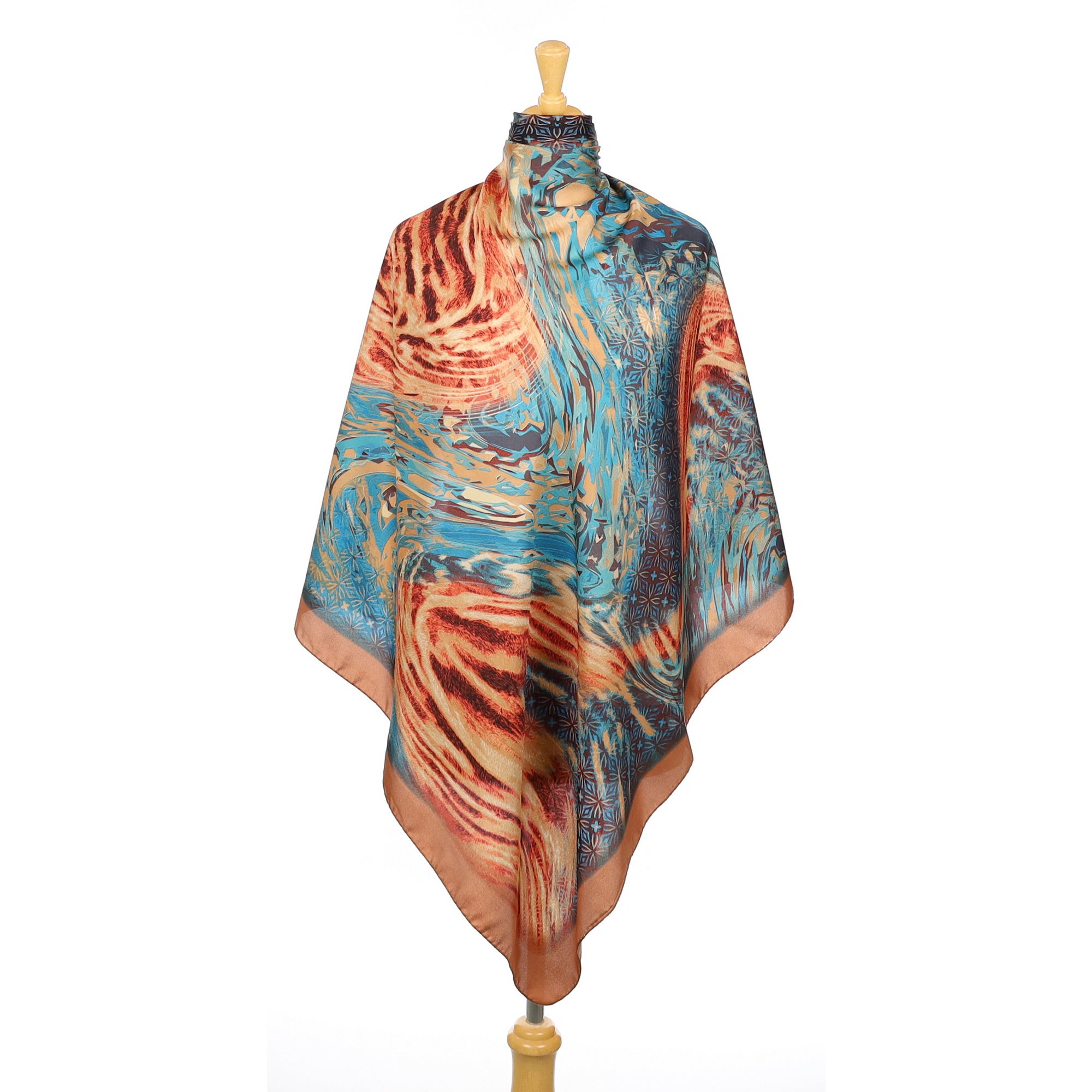 Immaculate Italian Brown and Teal Patterned Vintage Silk Scarf