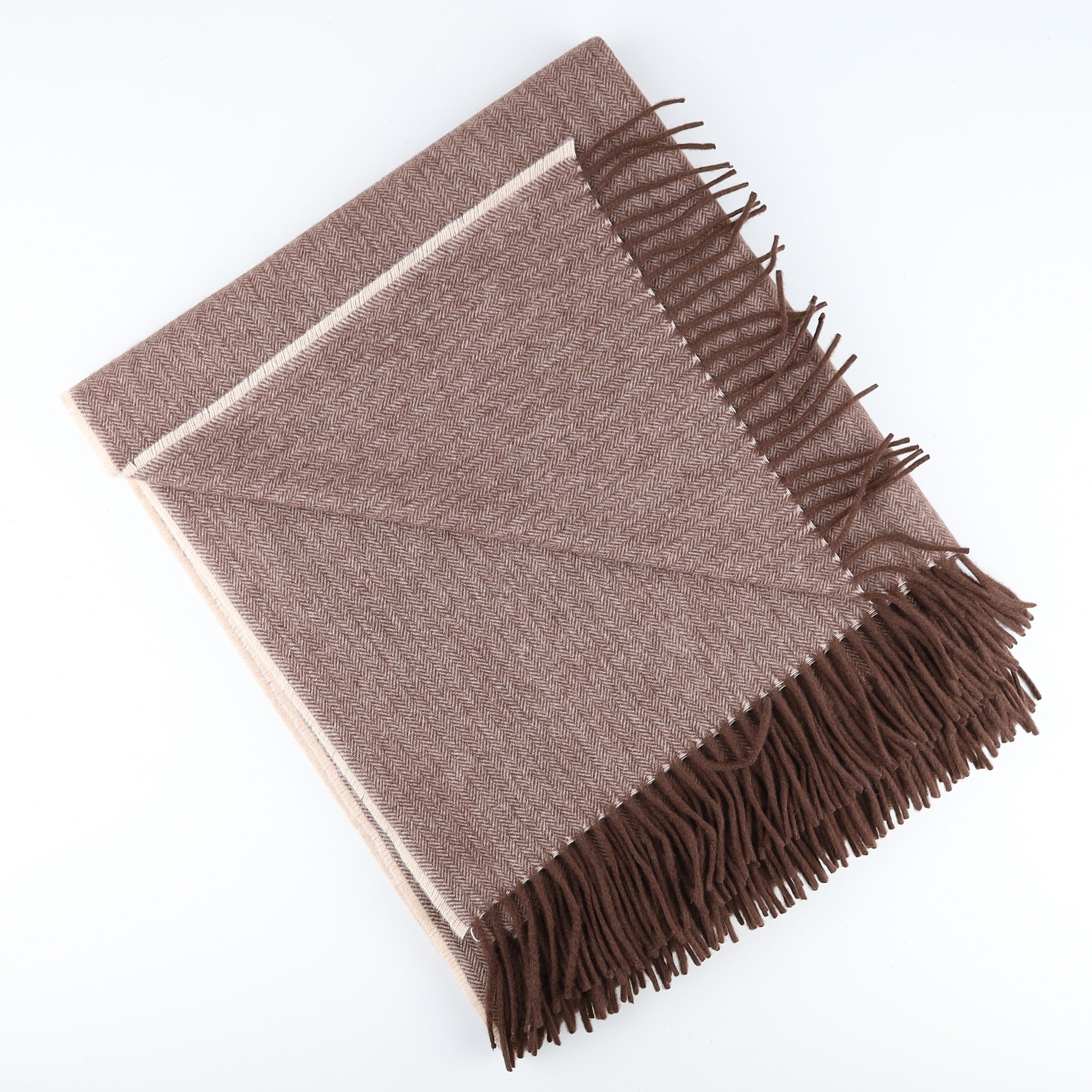 Brand New English Chocolate Brown and Beige Herringbone Luxury Woven Cashmere Blanket