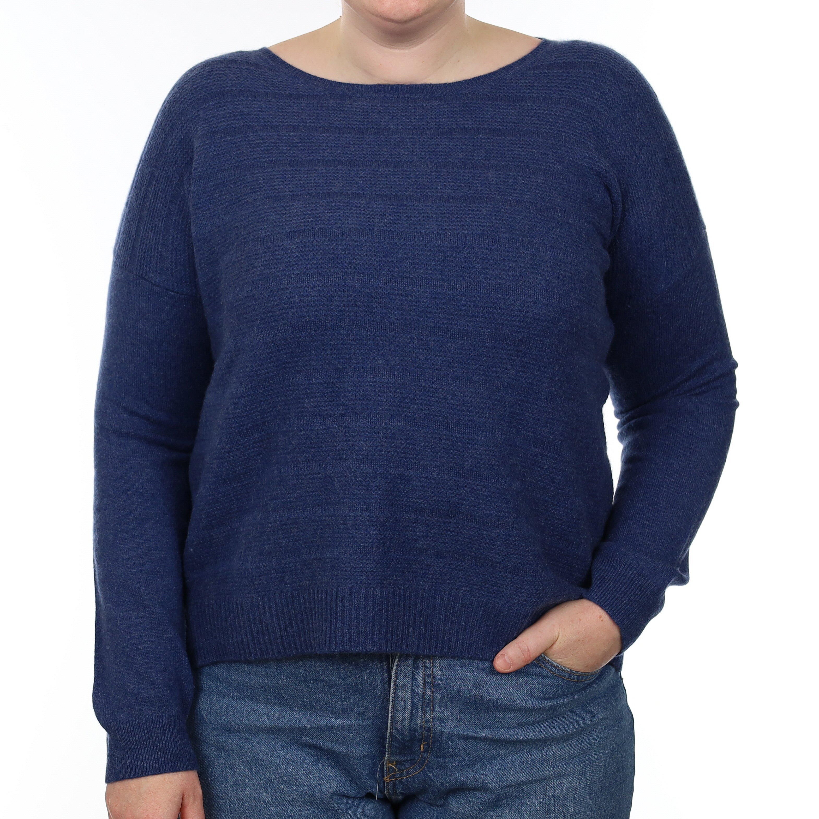 Naval Blue Textured Cashmere Crew Neck Jumper Large