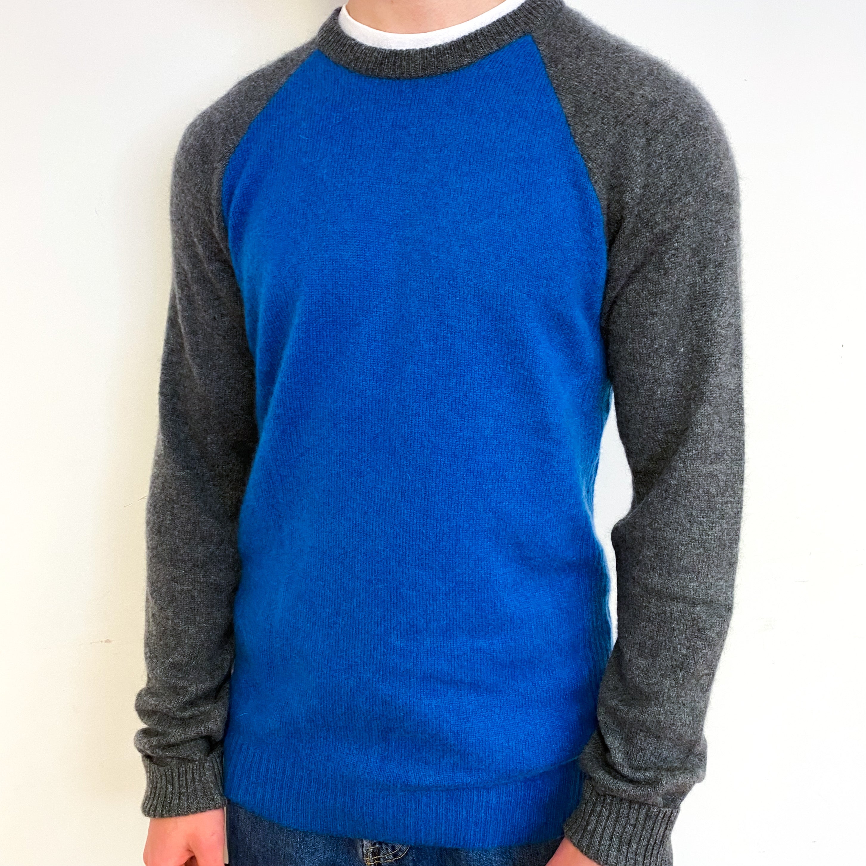 Men's Tanzanite Blue and Grey Cashmere Crew Neck Jumper Small