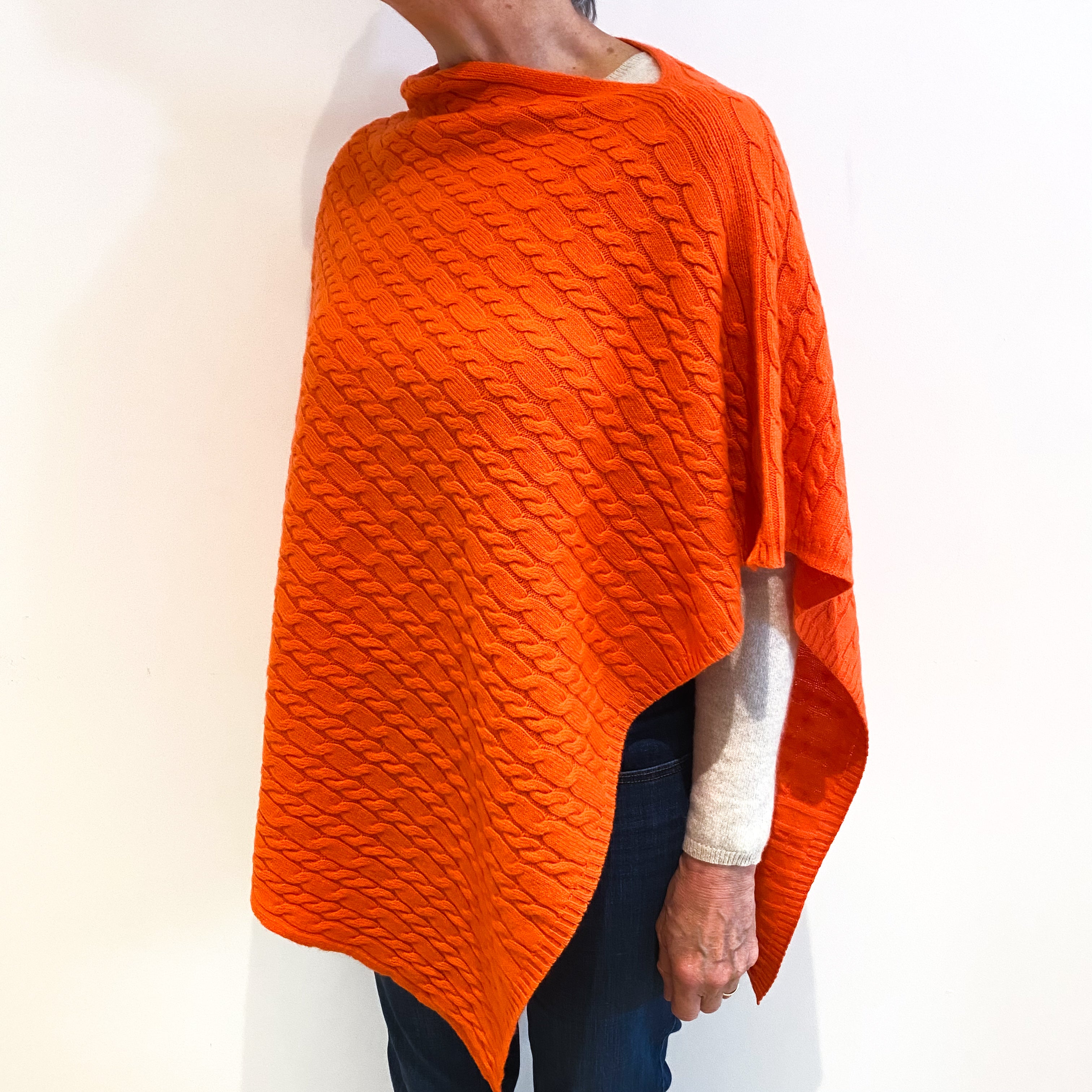 Brand New Scottish Tangerine Orange Cashmere Cable Poncho One Size