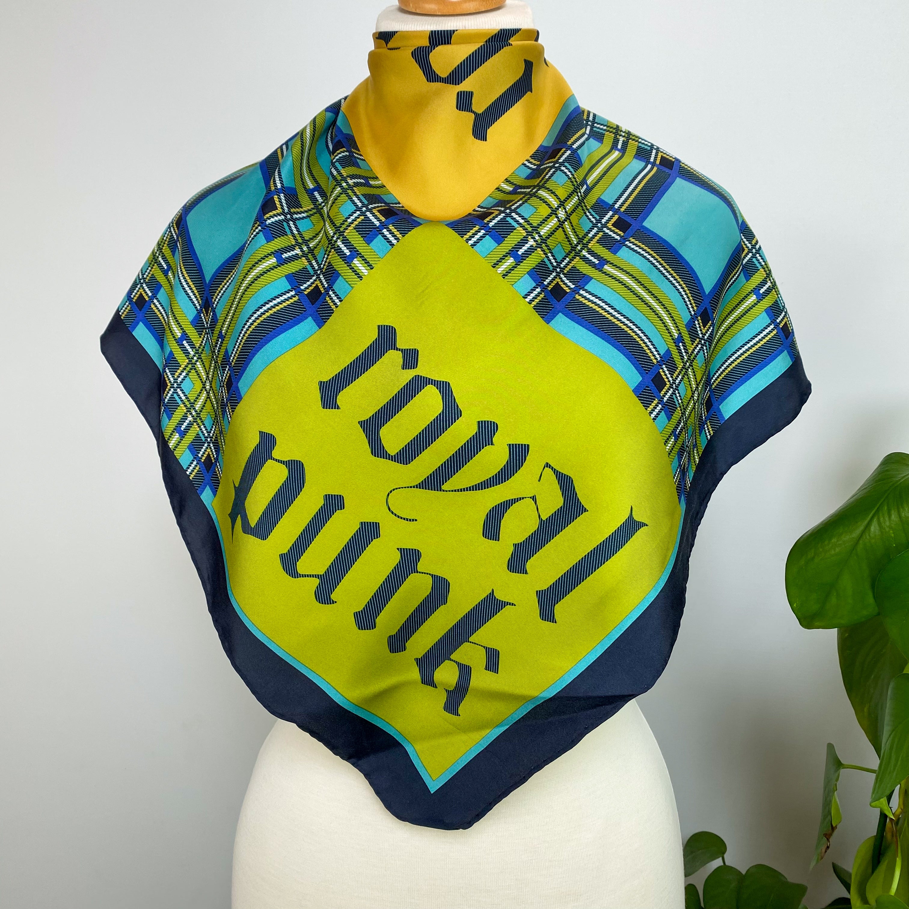 Blue Green and Yellow Check Silk Scarf