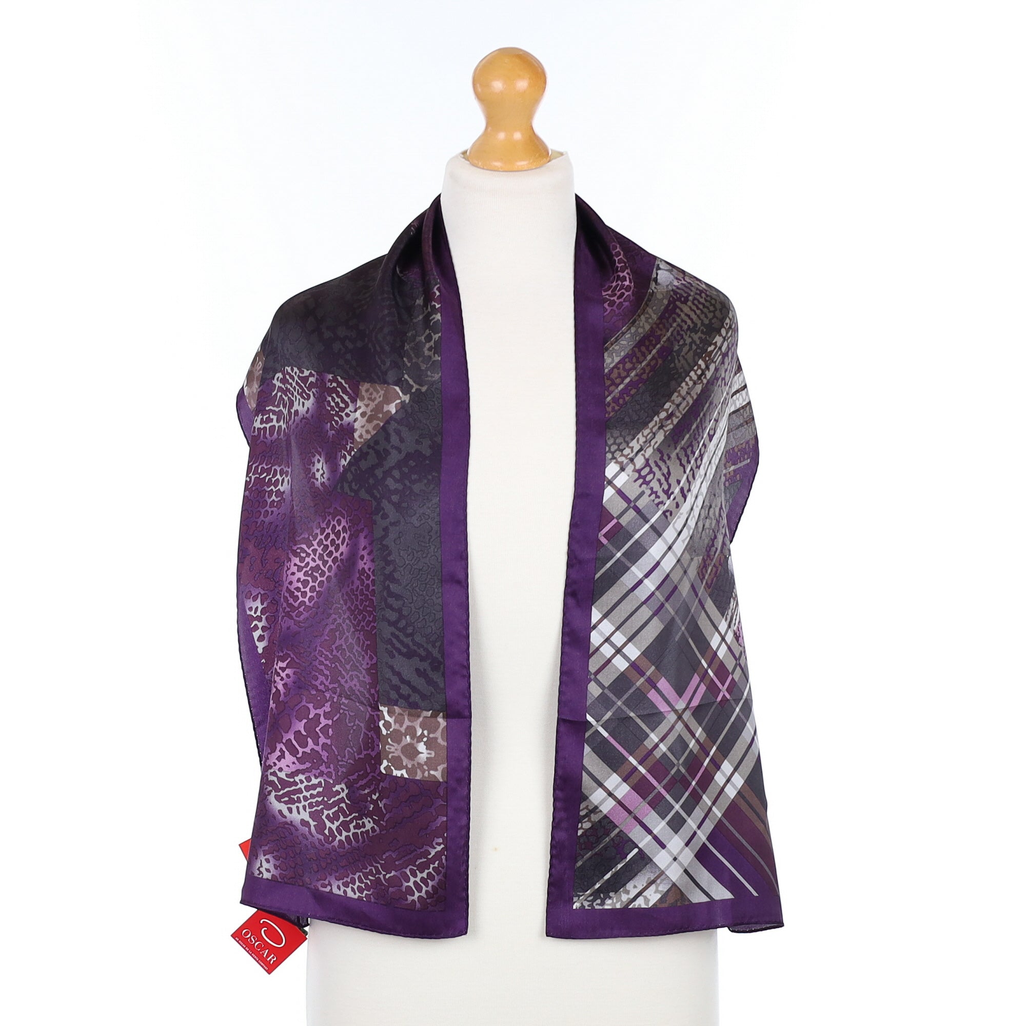 Brand New Oscar Purple Check Silk Scarf