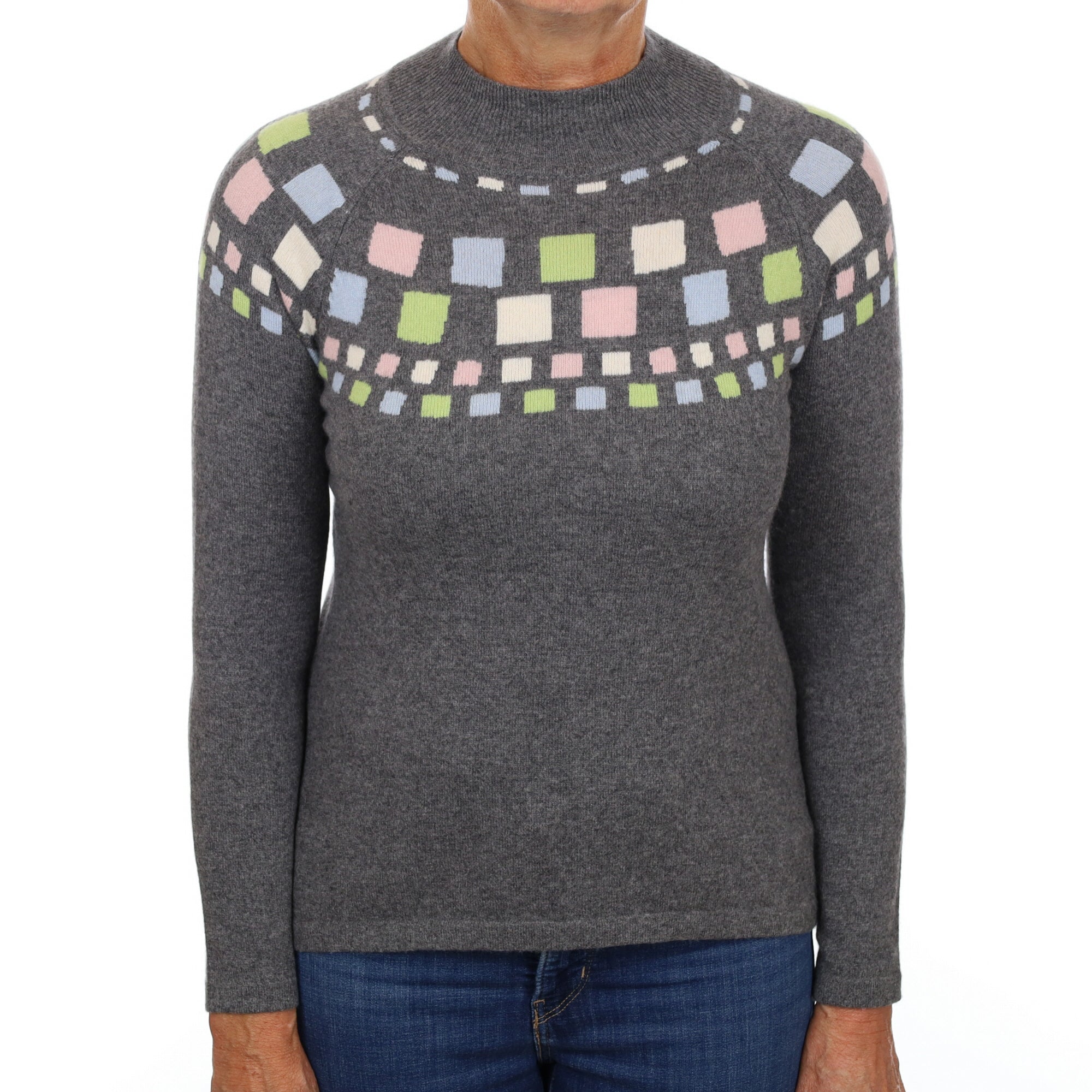 Ash Grey Patterned Cashmere Turtle Neck Jumper Medium