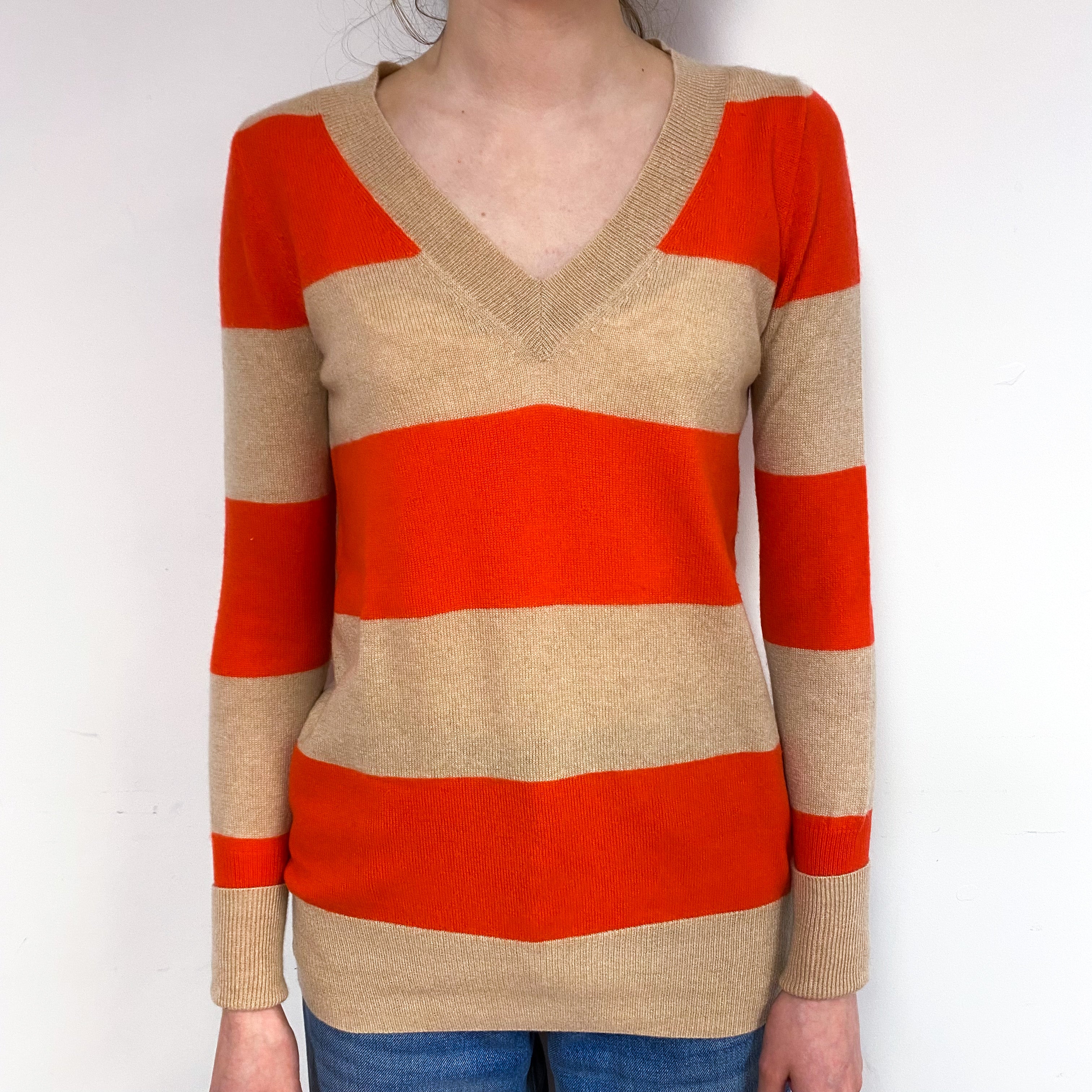 Beige Orange Stripe Cashmere V-Neck Jumper Extra Small