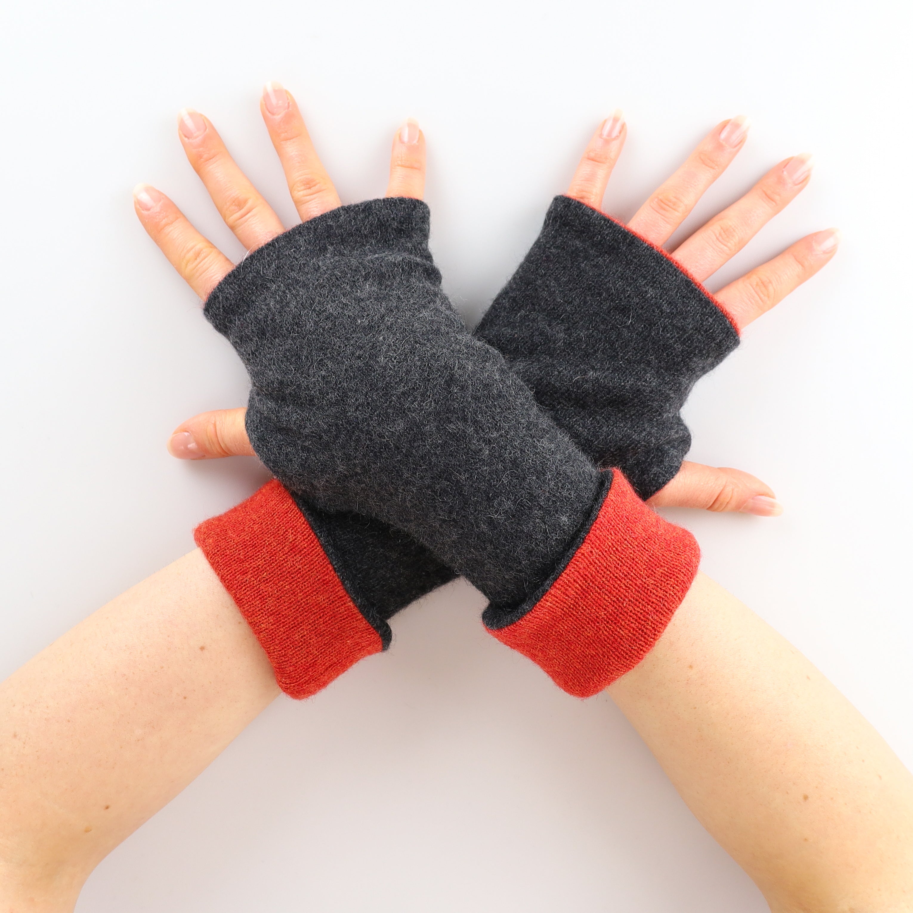 Charcoal and Fiery Orange Reversible Cashmere Fingerless Gloves