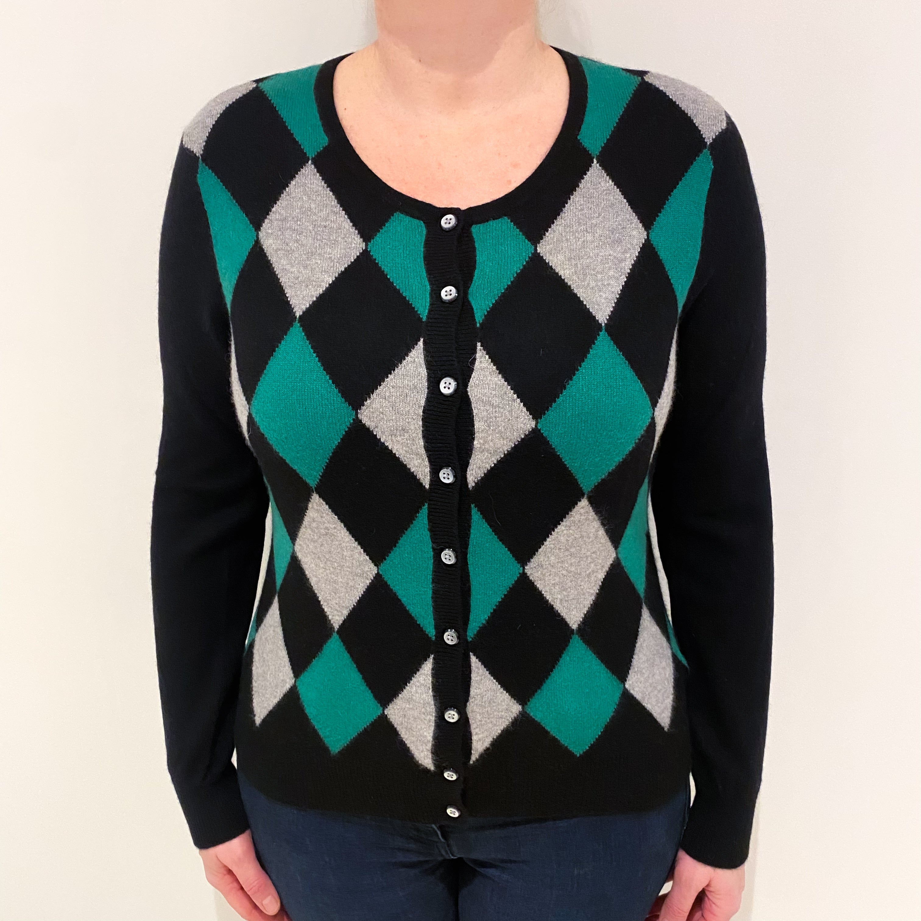 Black Green Diamond Cashmere Crew Neck Cardigan Large