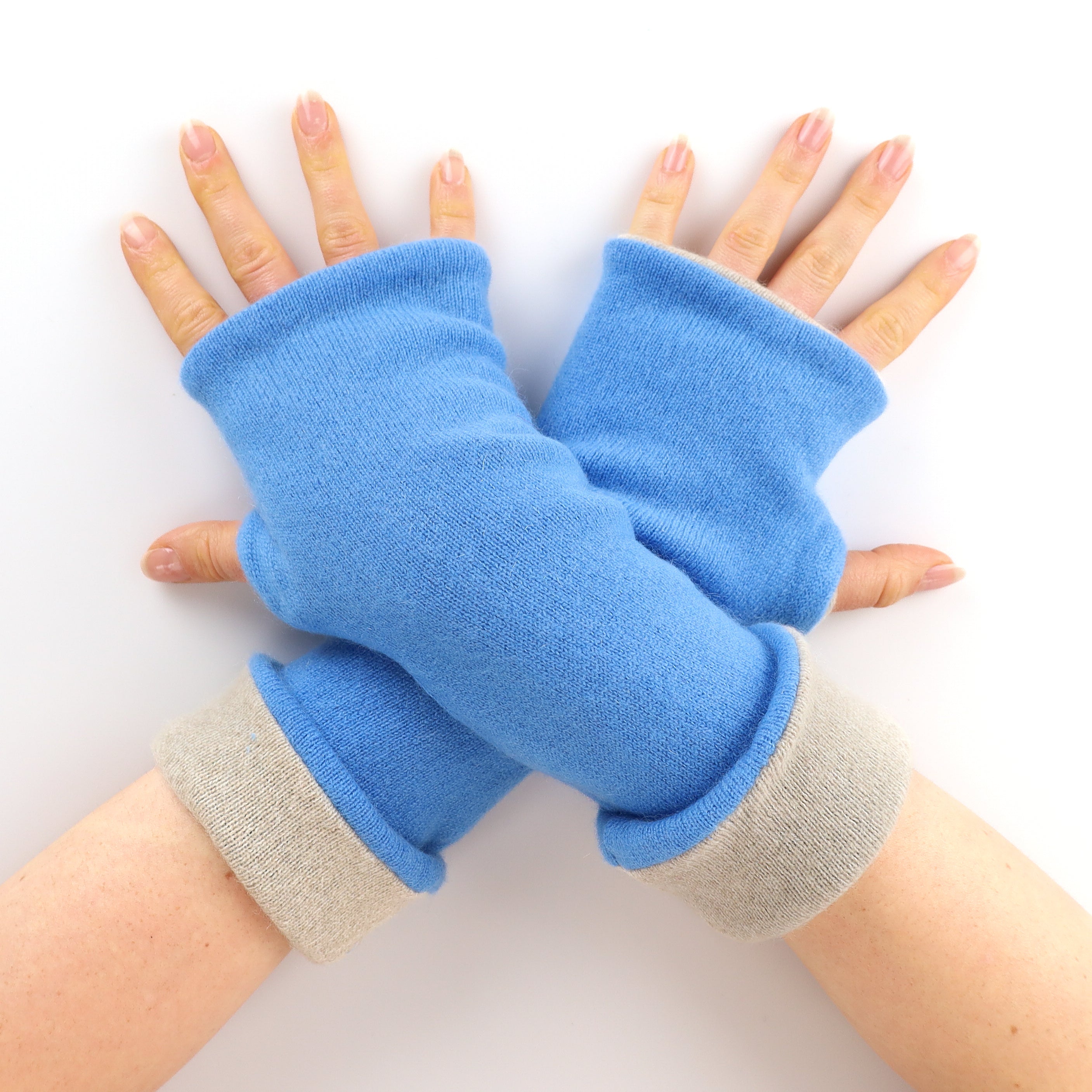 Blue and Beige Reversible Fingerless Gloves