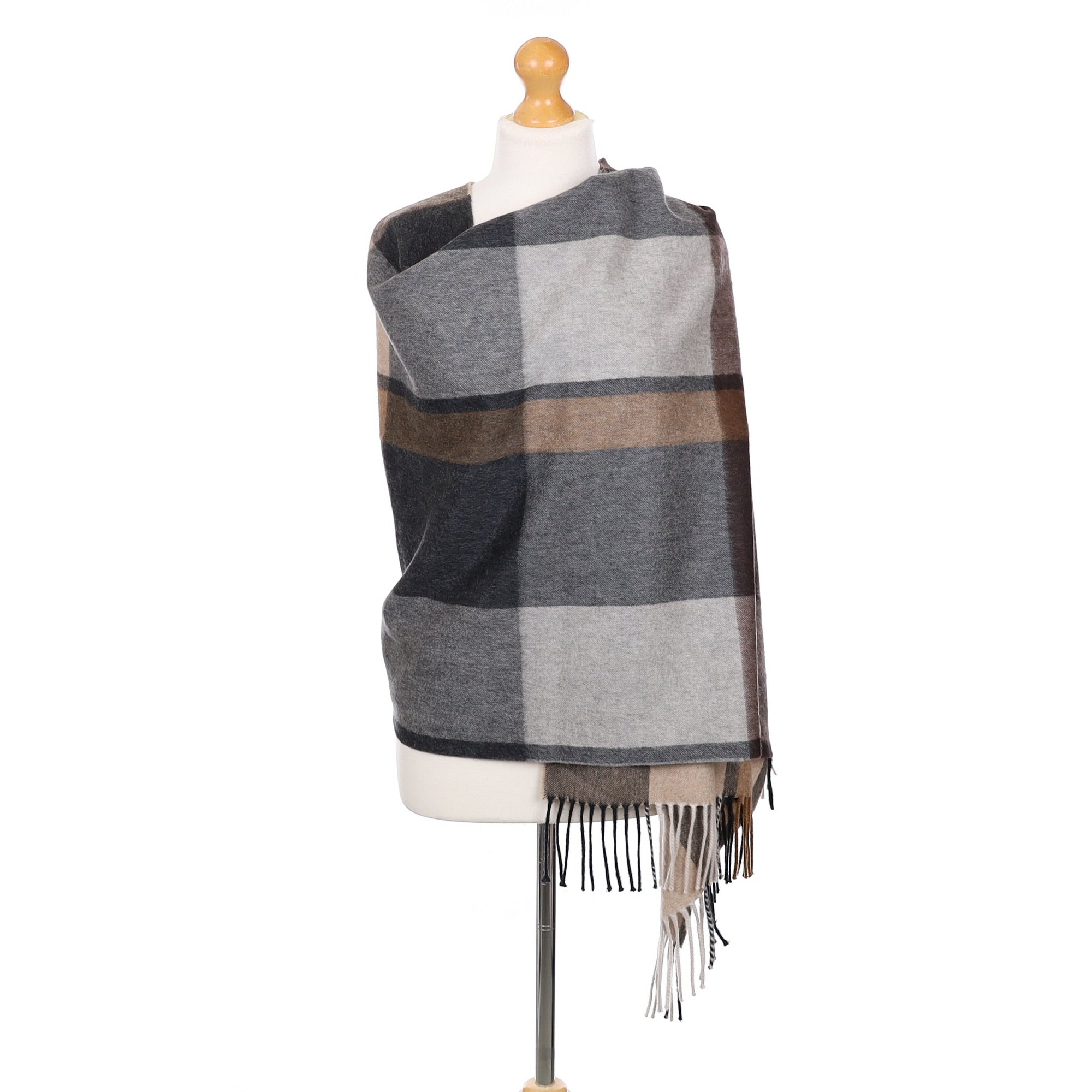 Scottish Begg & Co Mocha and Grey Checked Woven Cashmere Wrap