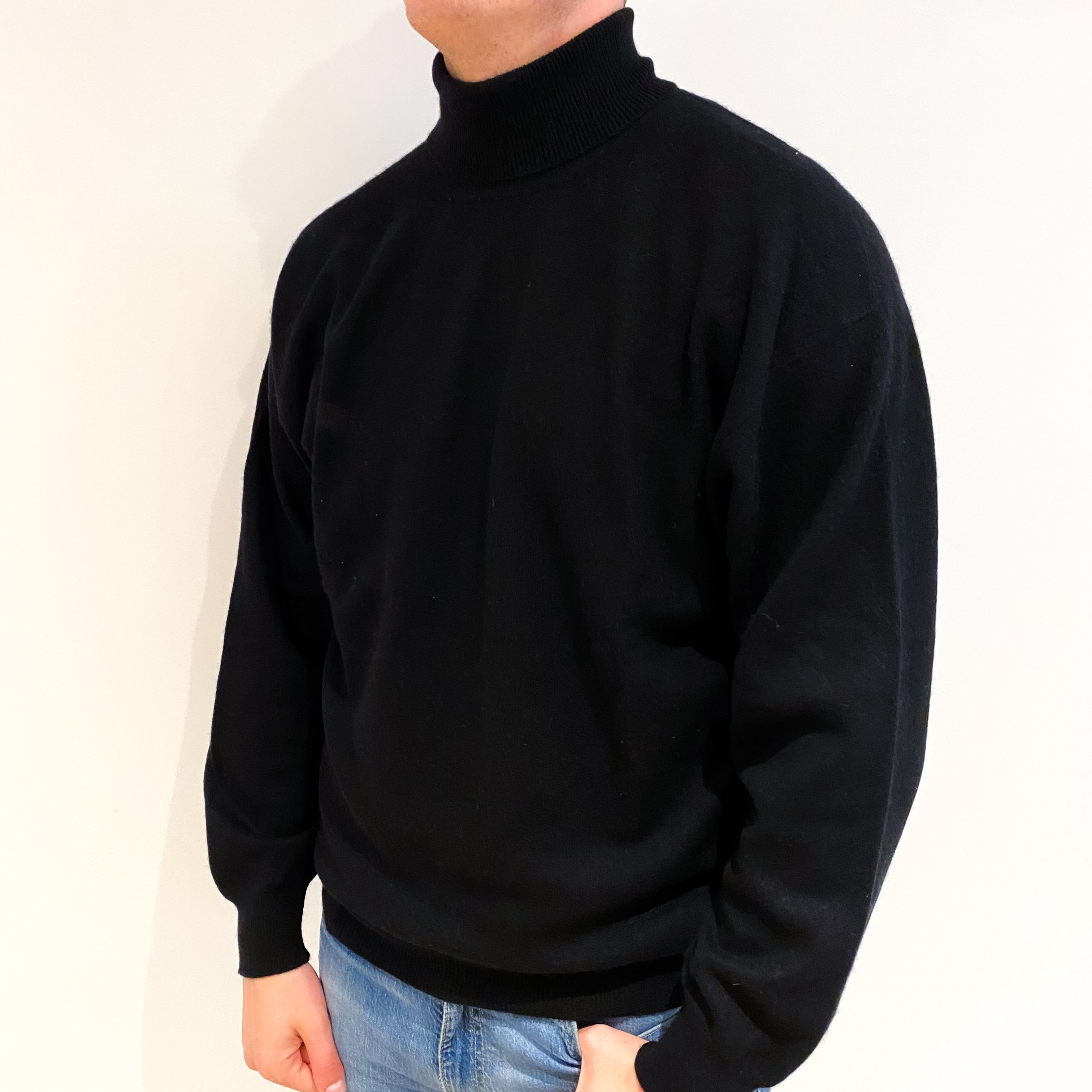 Men's Black Cashmere Polo Neck Jumper XXL