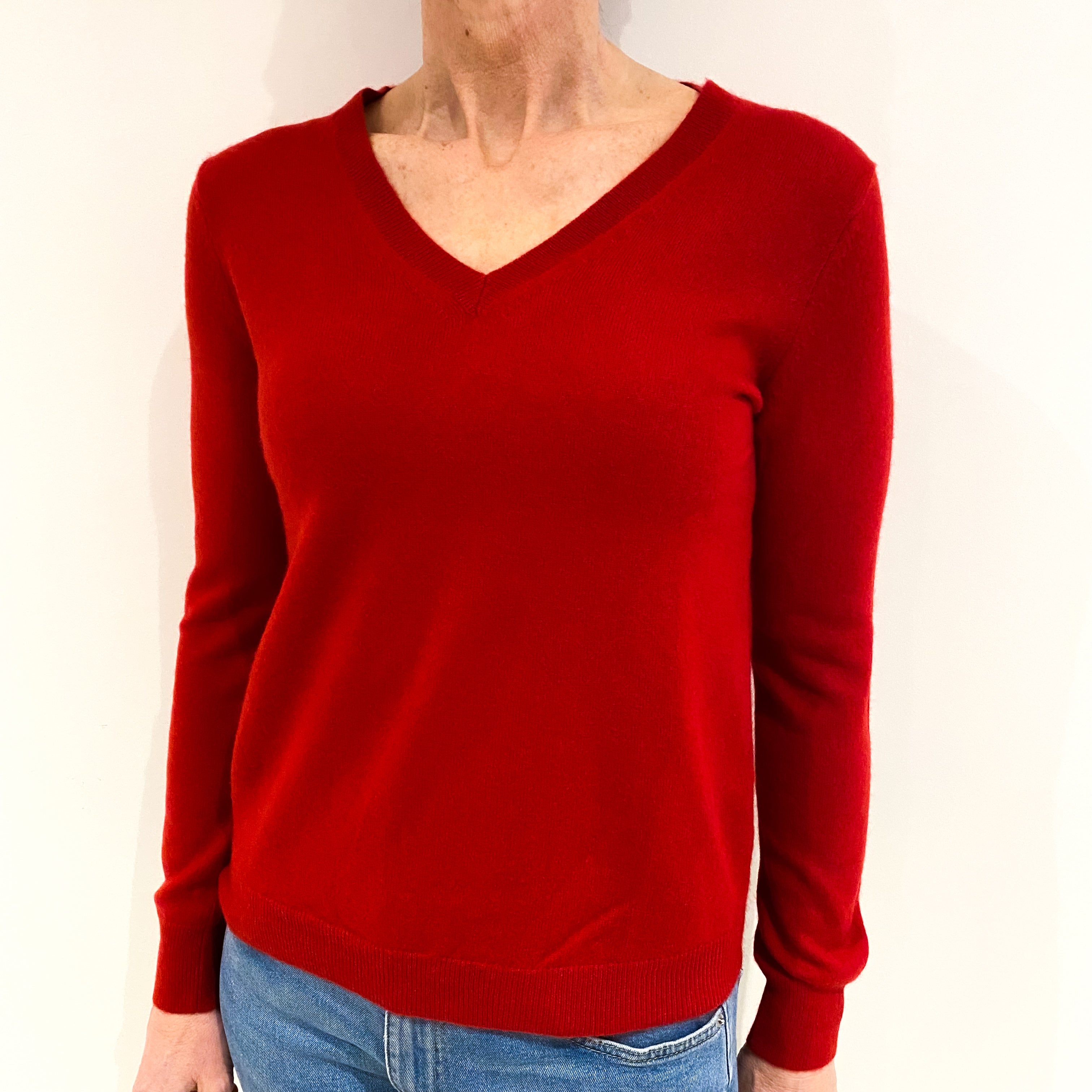 Scarlet Red Cashmere V Neck Jumper Small
