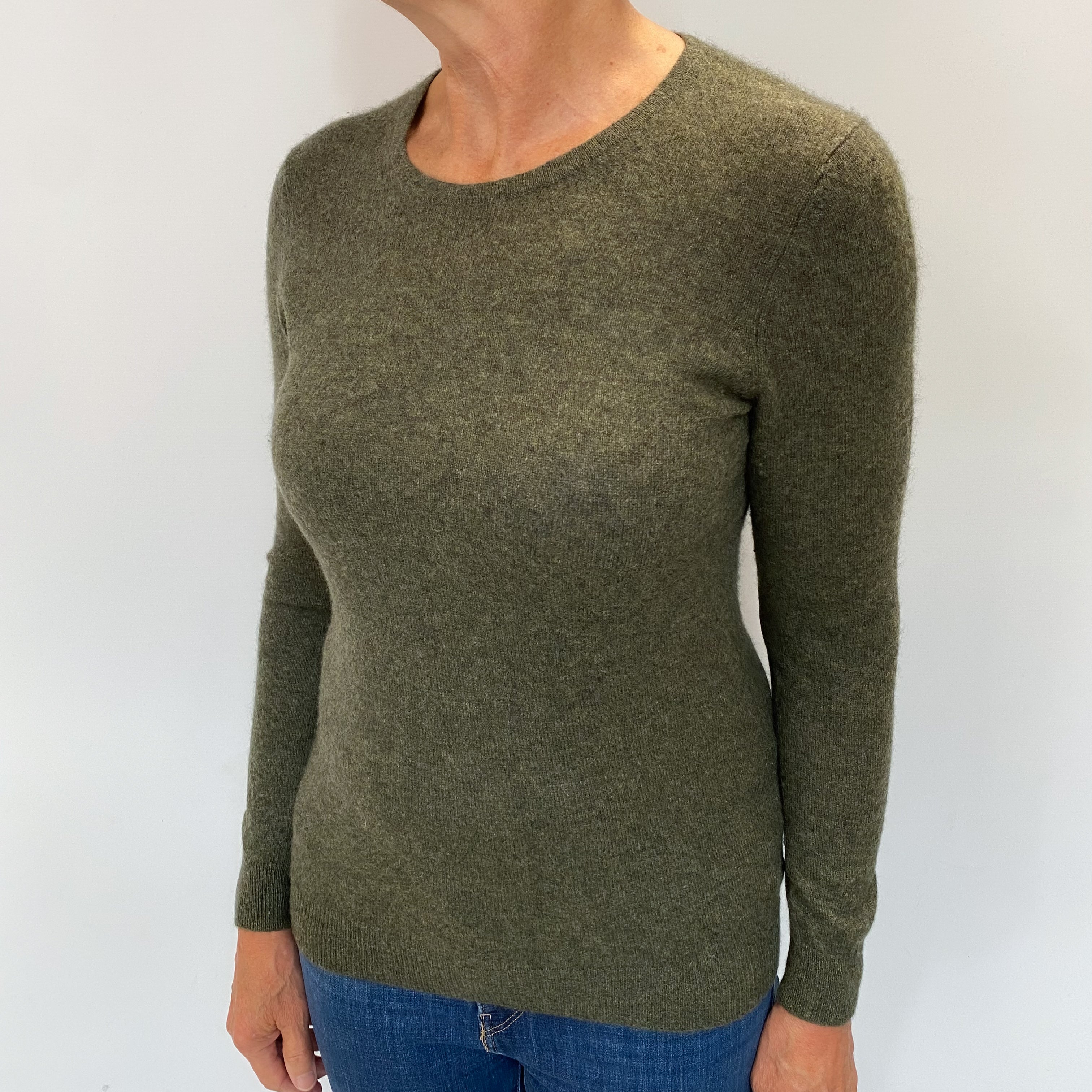 Khaki Green Marl Cashmere Crew Neck Jumper Medium