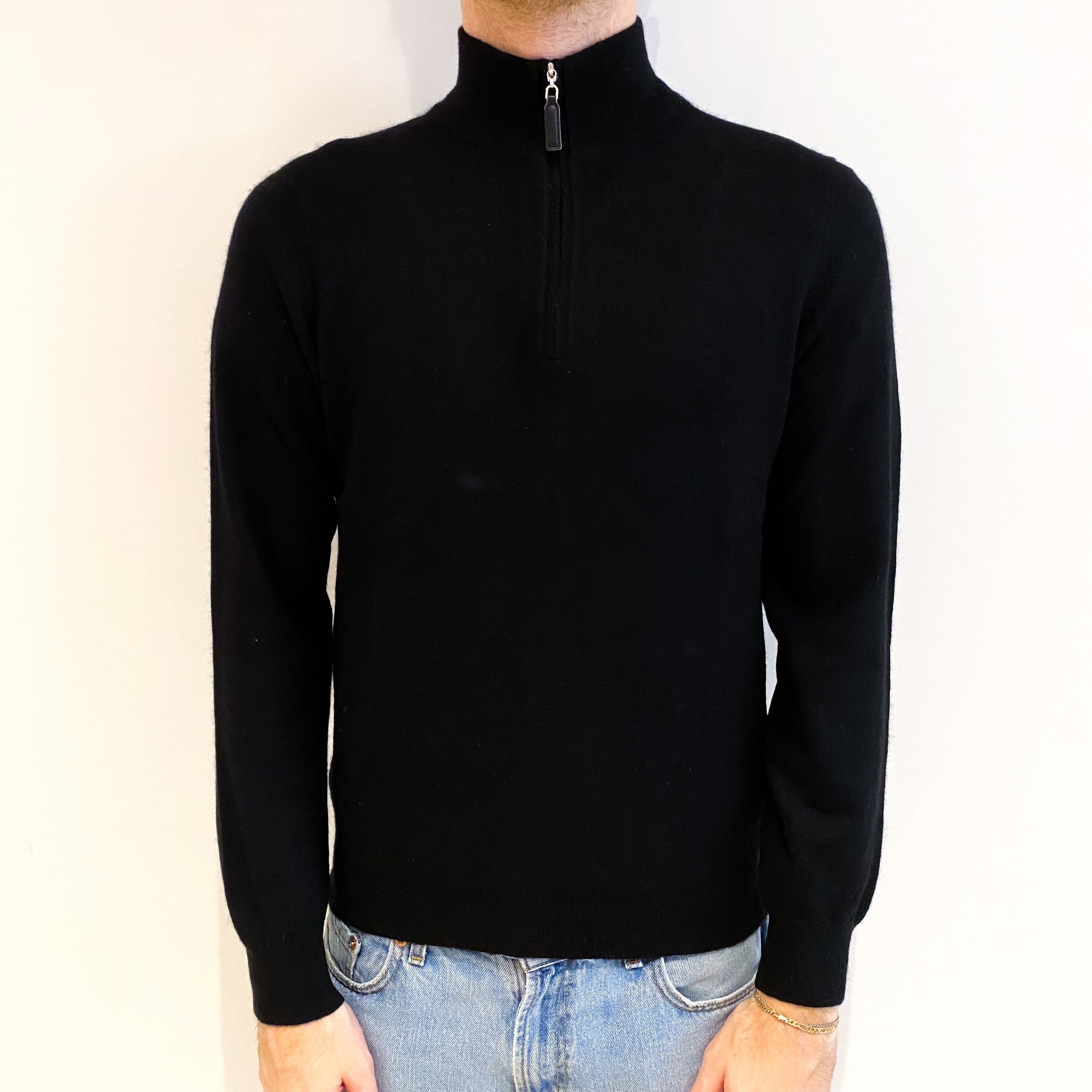 Men's Black Cashmere 3/4 Zip V Neck Jumper Medium