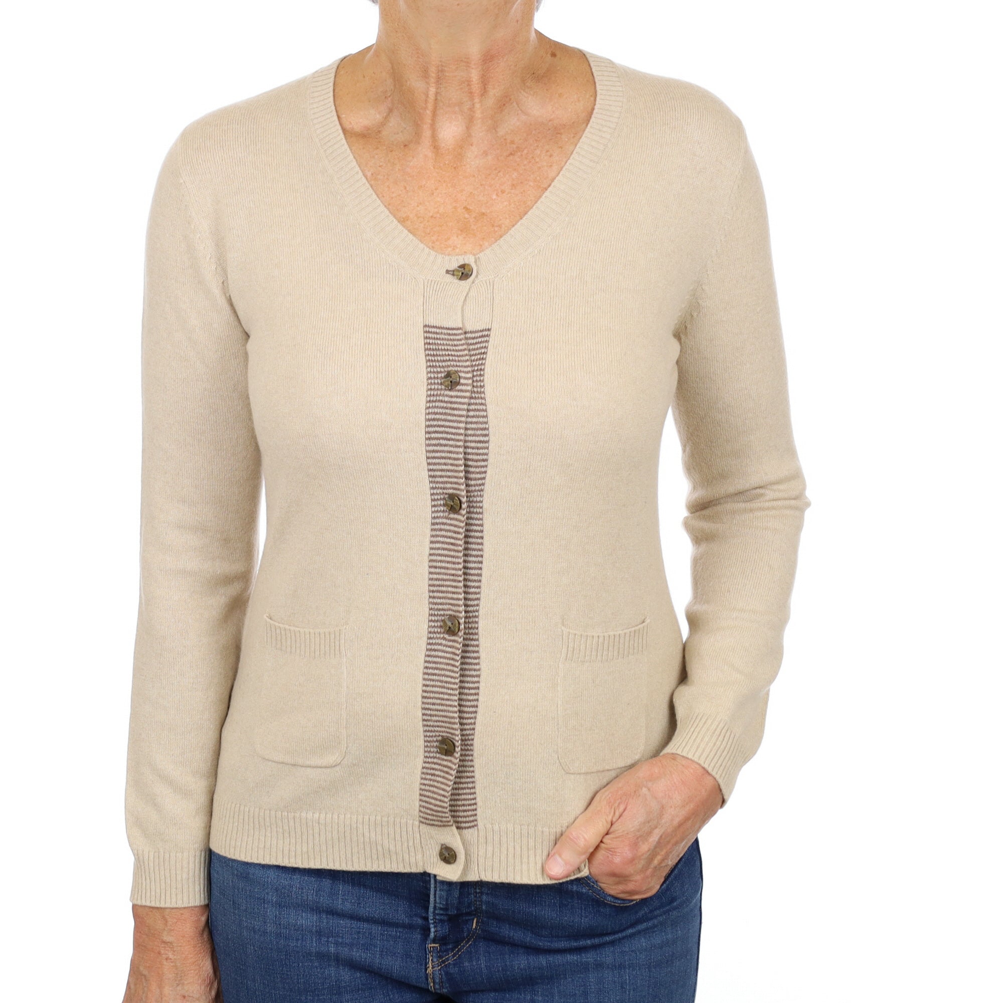 Sand Beige Cashmere Scoop Neck Cardigan Medium